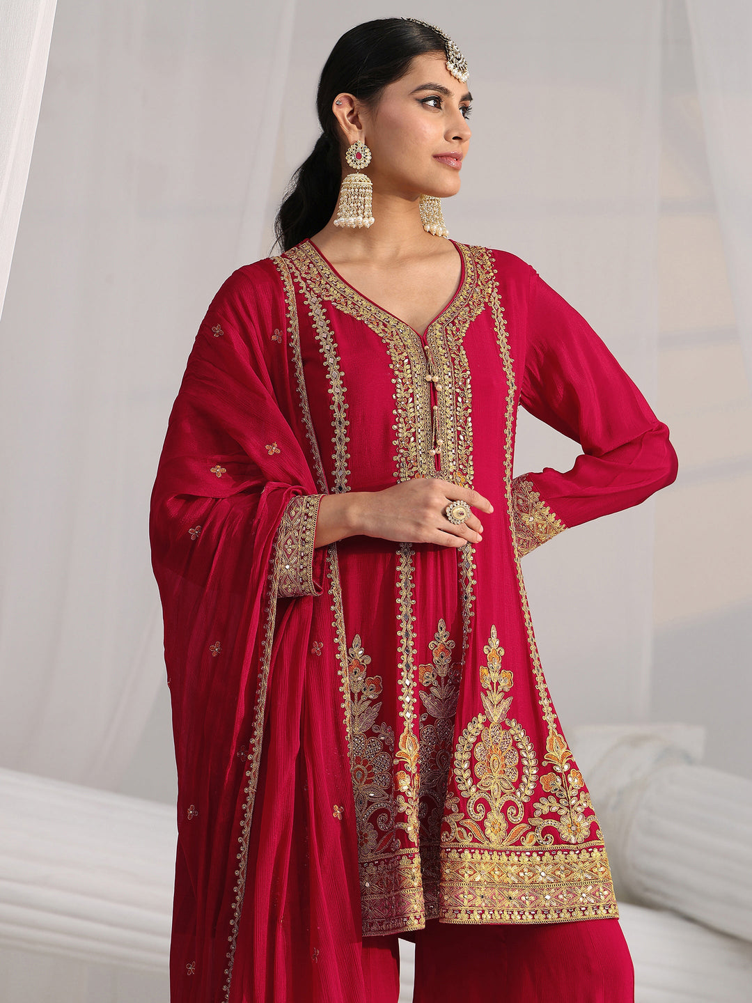 Libas Art Red Floral Embellished Chinon A Line Palazzo Suit Set 