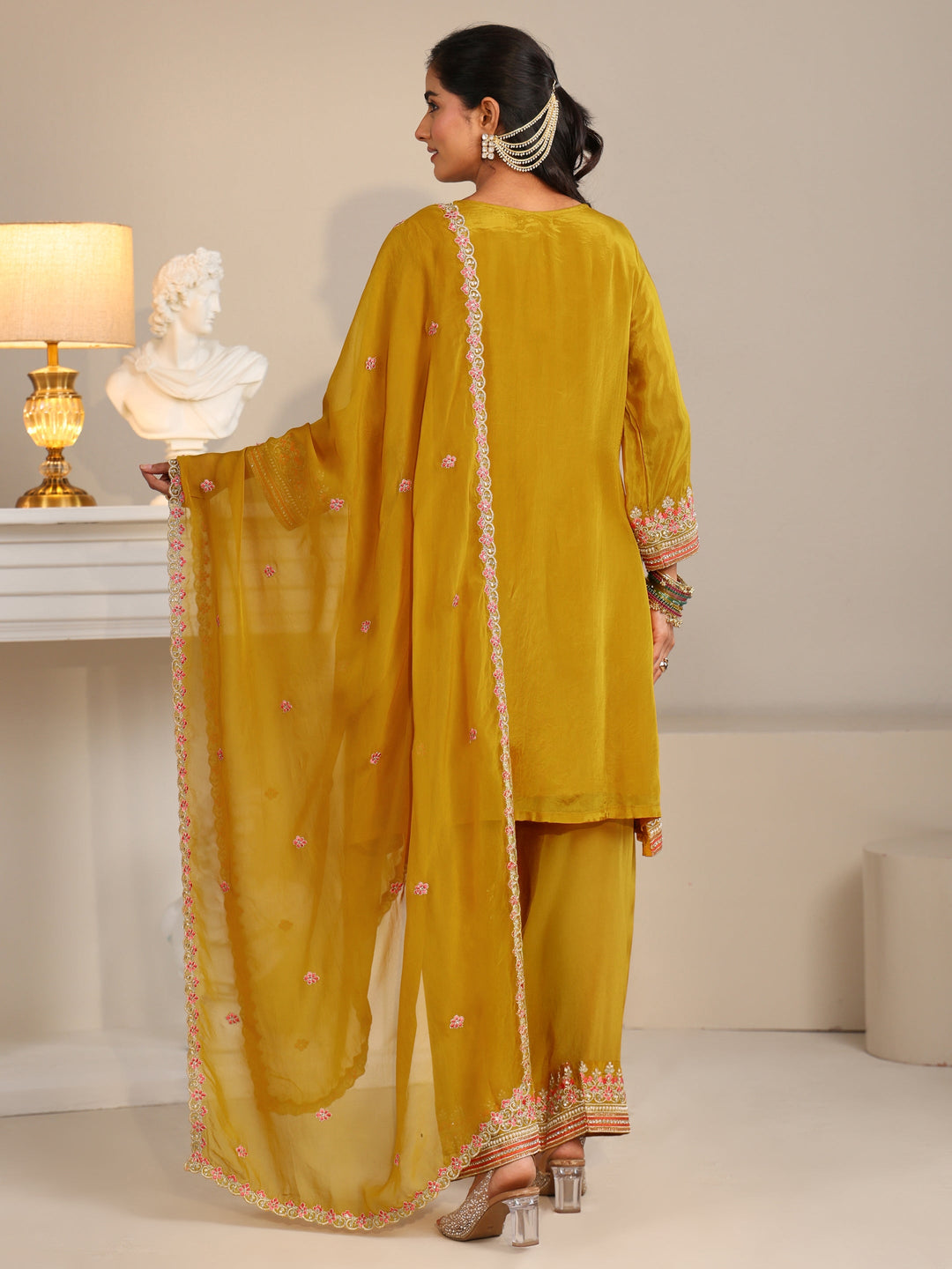  Libas Art Mustard Floral Embellished Organza Straight Suit Set 