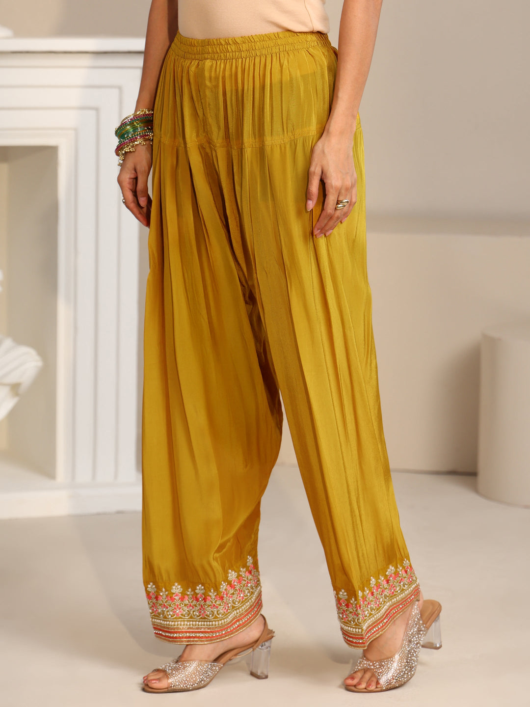  Libas Art Mustard Floral Embellished Organza Straight Suit Set 