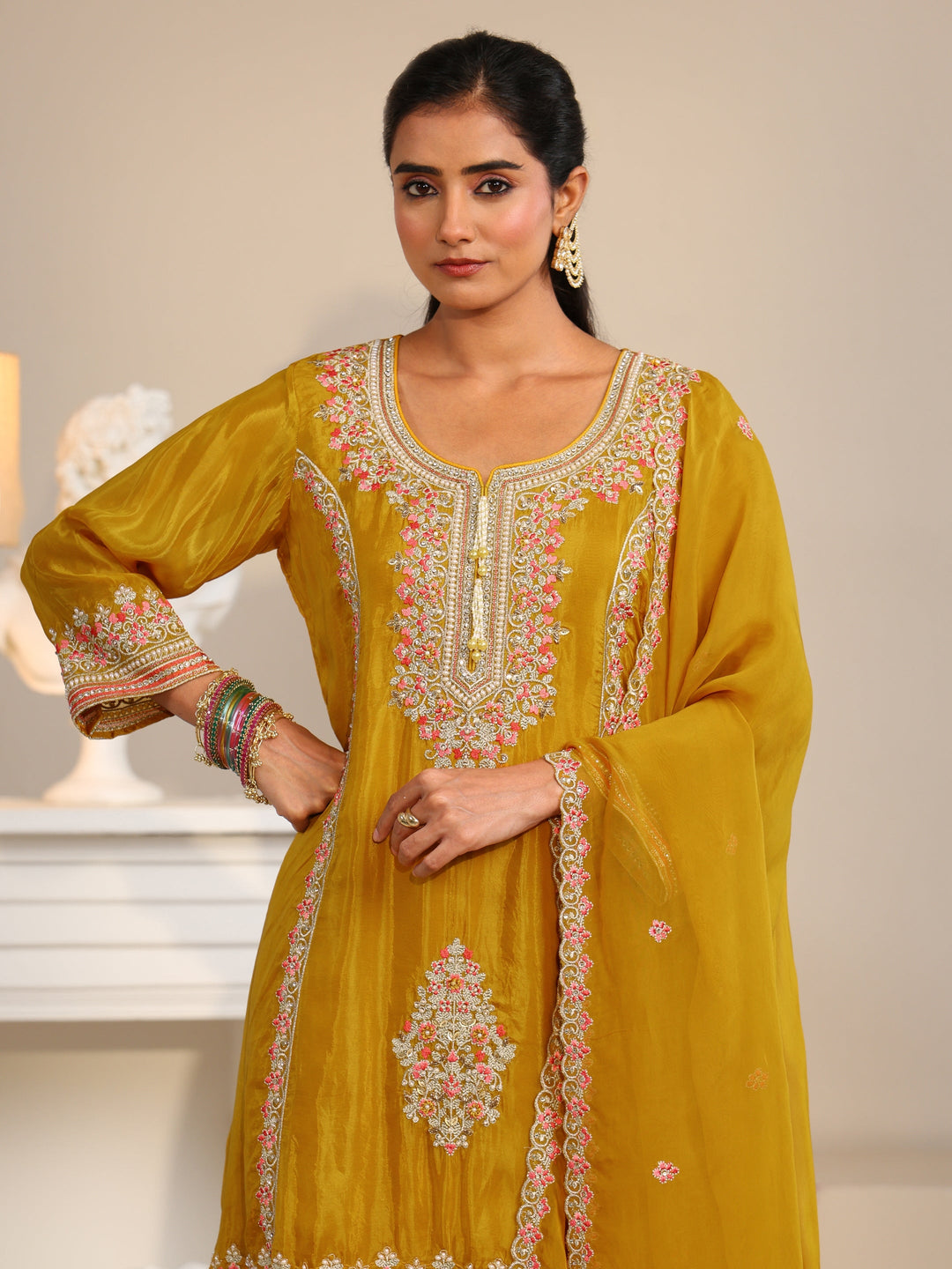  Libas Art Mustard Floral Embellished Organza Straight Suit Set 