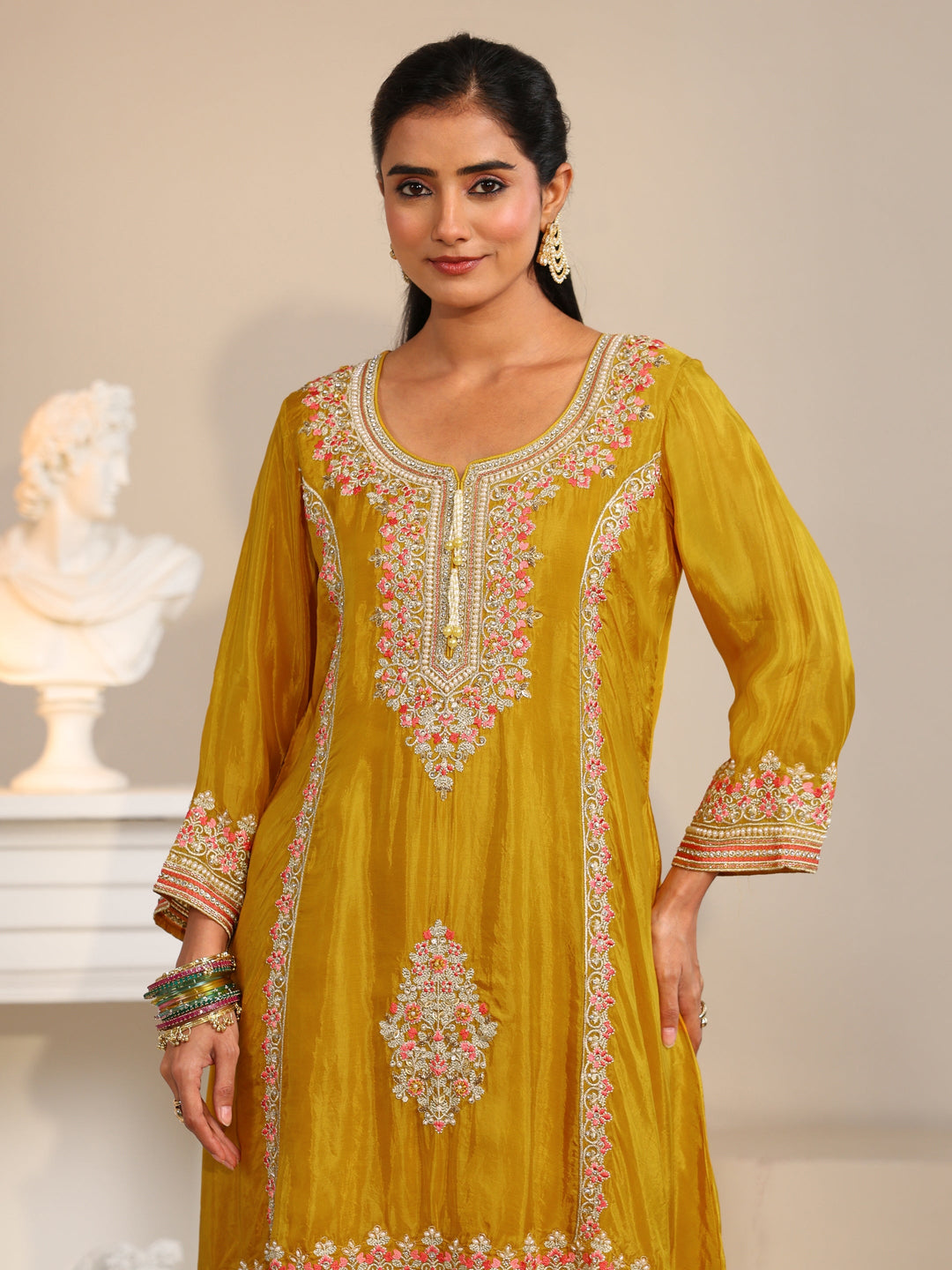  Libas Art Mustard Floral Embellished Organza Straight Suit Set 