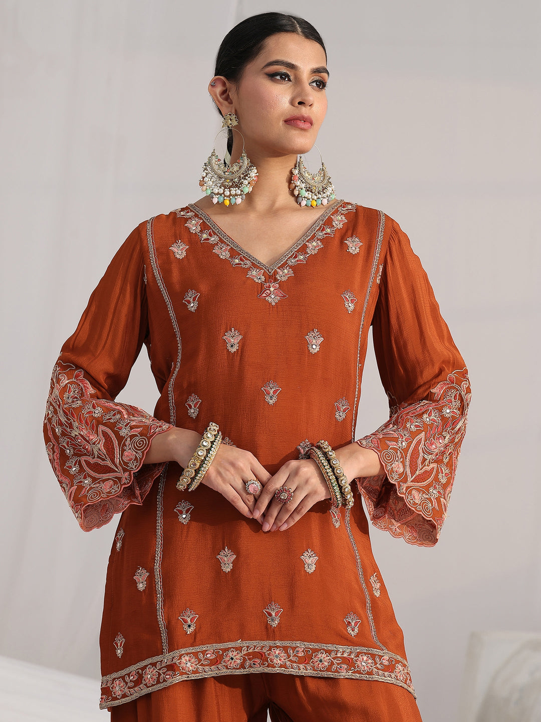  Libas Art Rust Brown Floral Embroidered Chinon Sharara Suit Set 