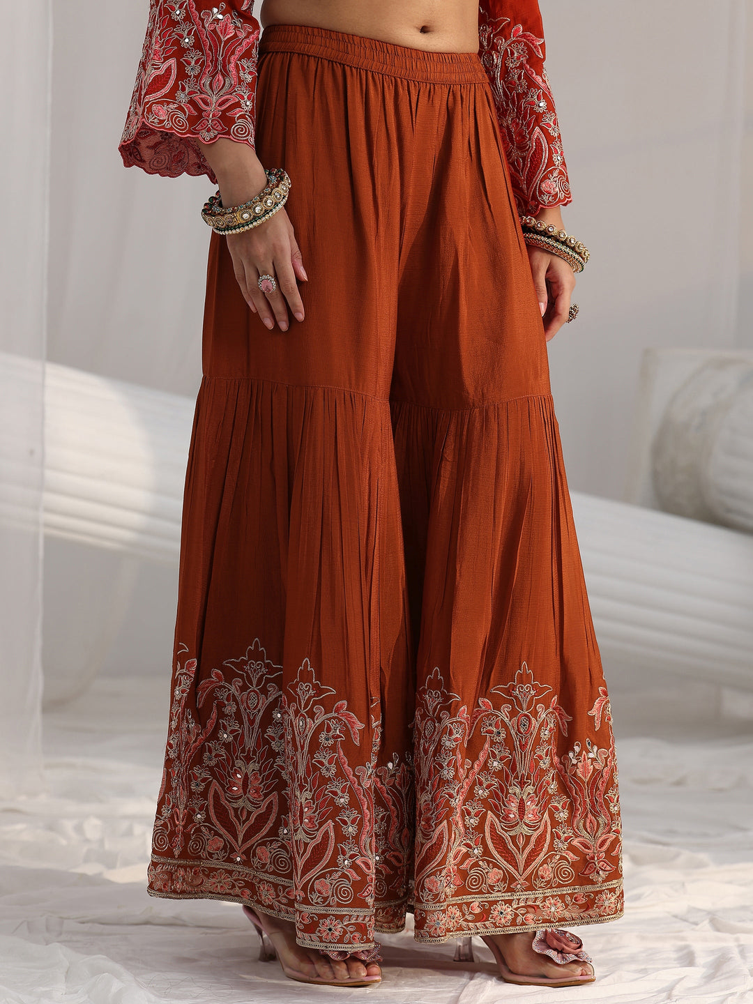  Libas Art Rust Brown Floral Embroidered Chinon Sharara Suit Set 