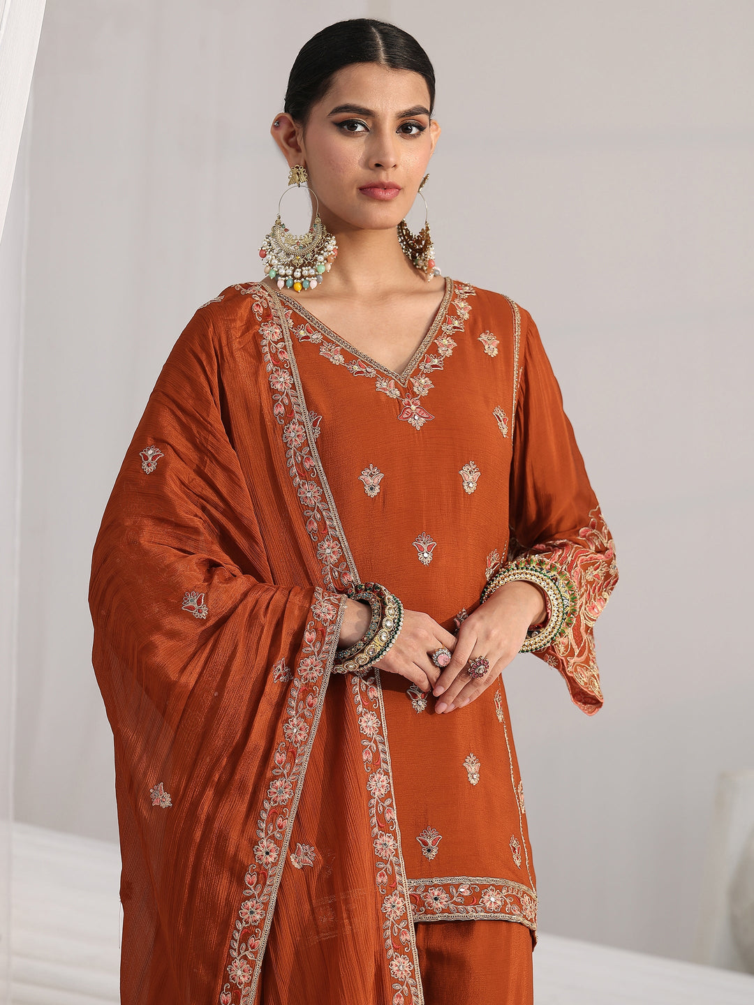  Libas Art Rust Brown Floral Embroidered Chinon Sharara Suit Set 
