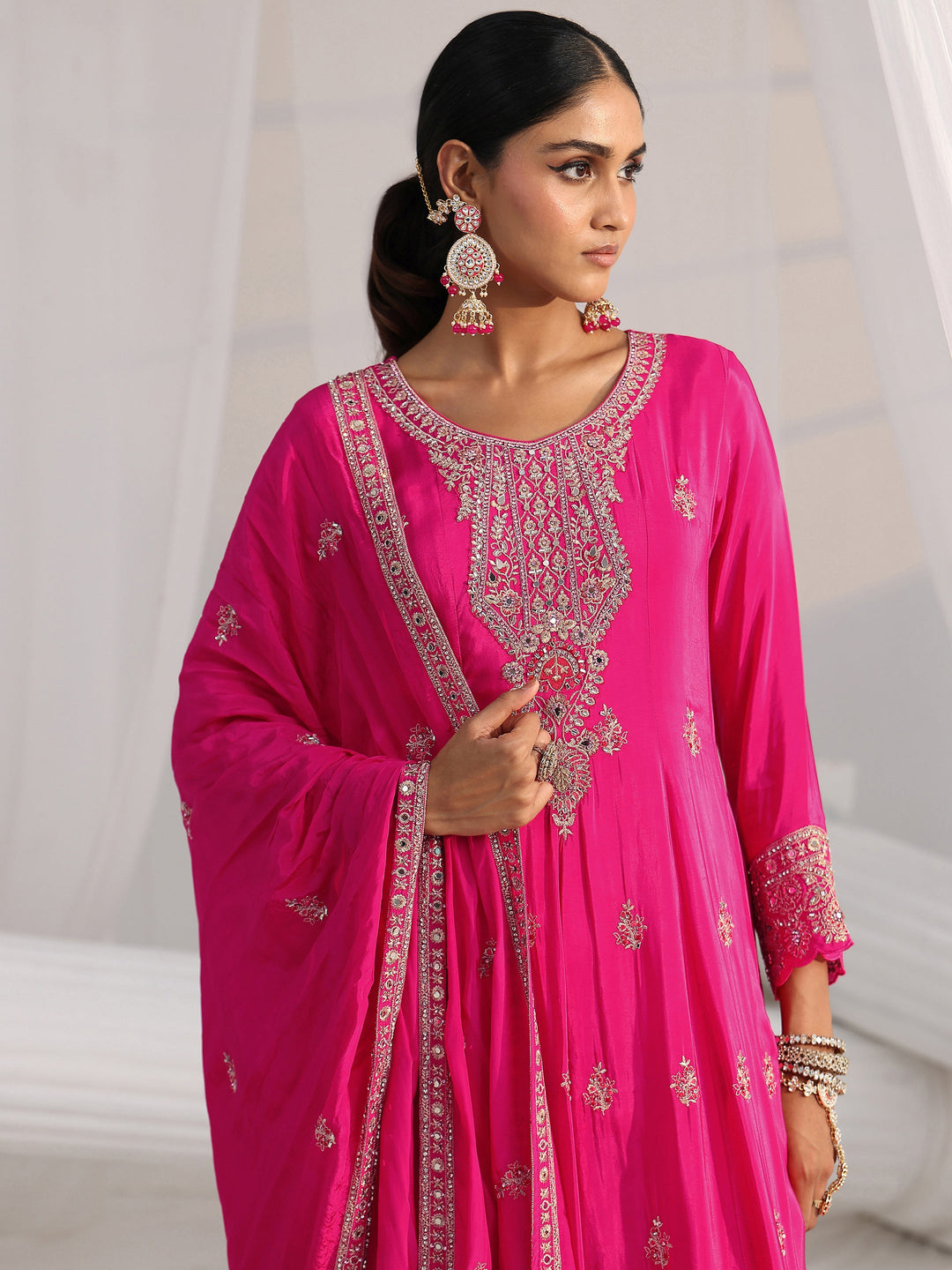  Libas Art Hot Pink Embellished Crepe A Line Suit Set 