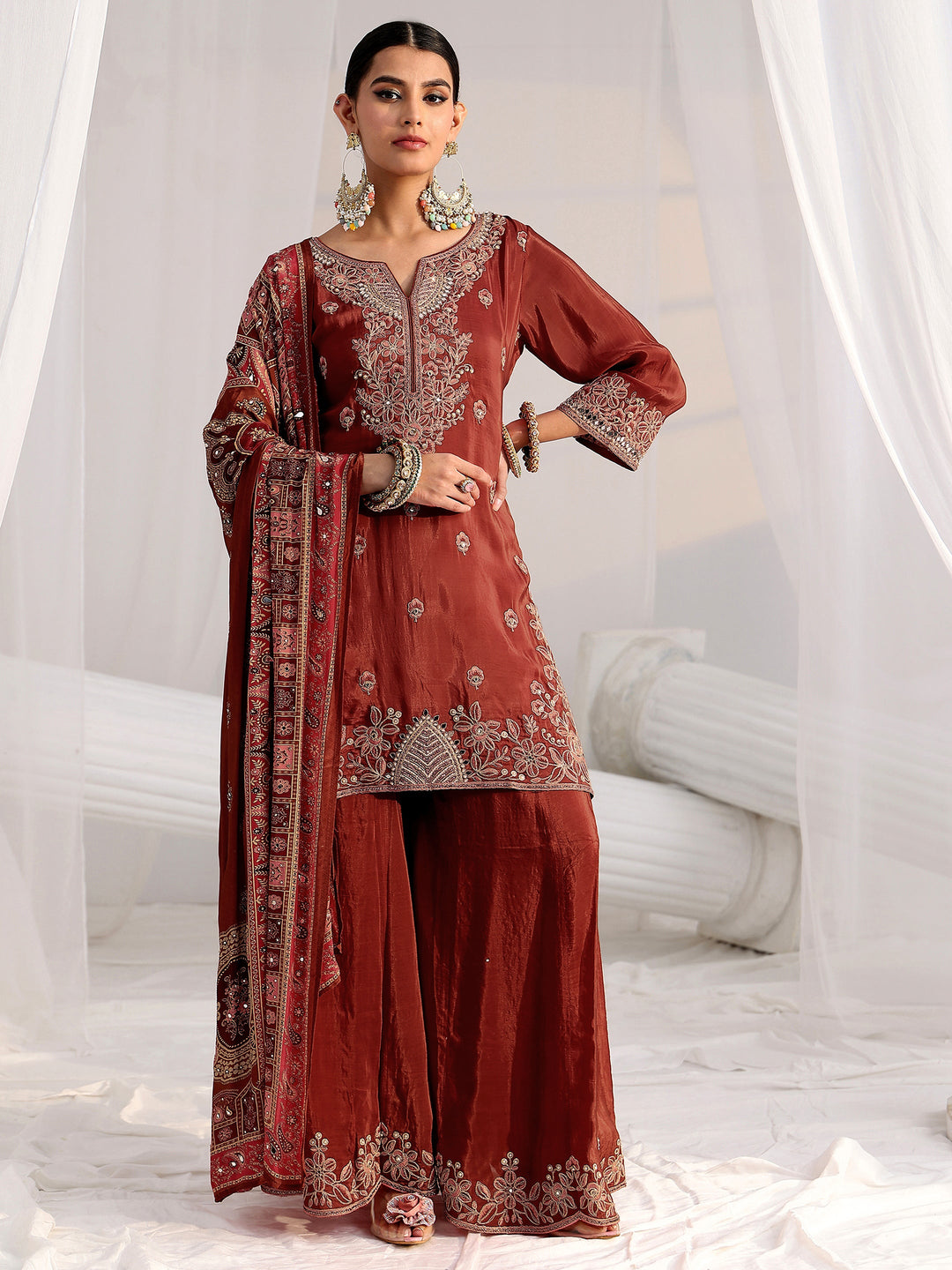  Libas Art Rust Brown Floral Embroidered Crepe Palazzo Suit Set 