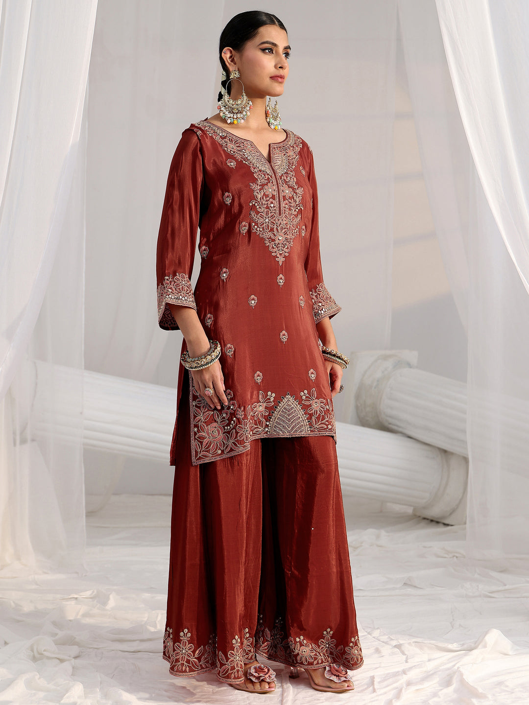  Libas Art Rust Brown Floral Embroidered Crepe Palazzo Suit Set 