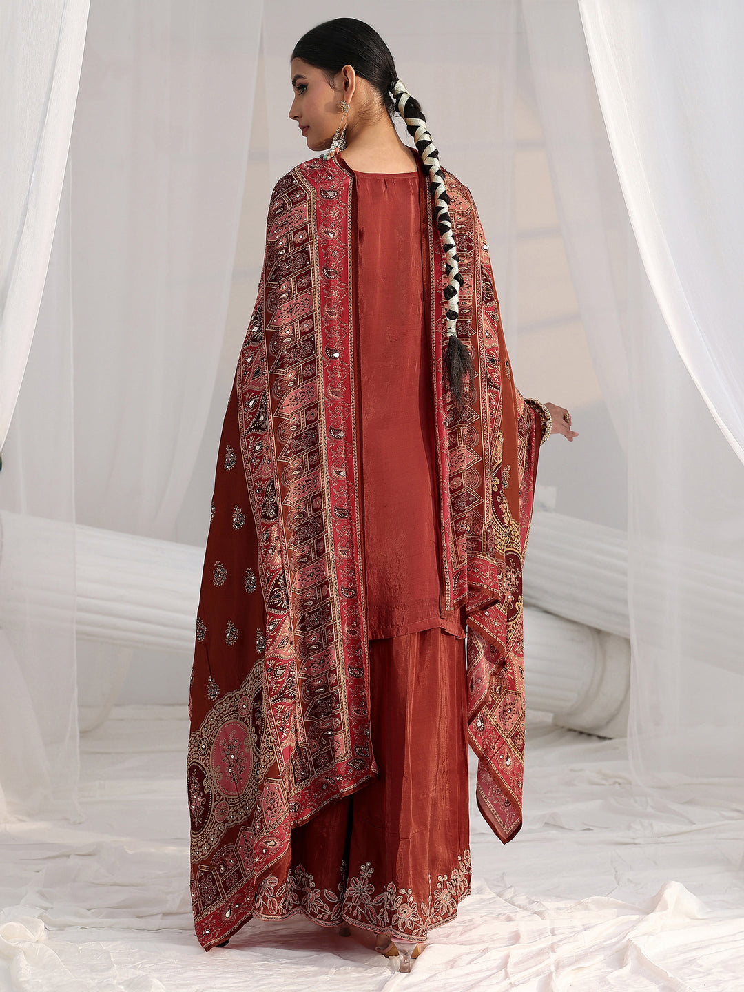  Libas Art Rust Brown Floral Embroidered Crepe Palazzo Suit Set 