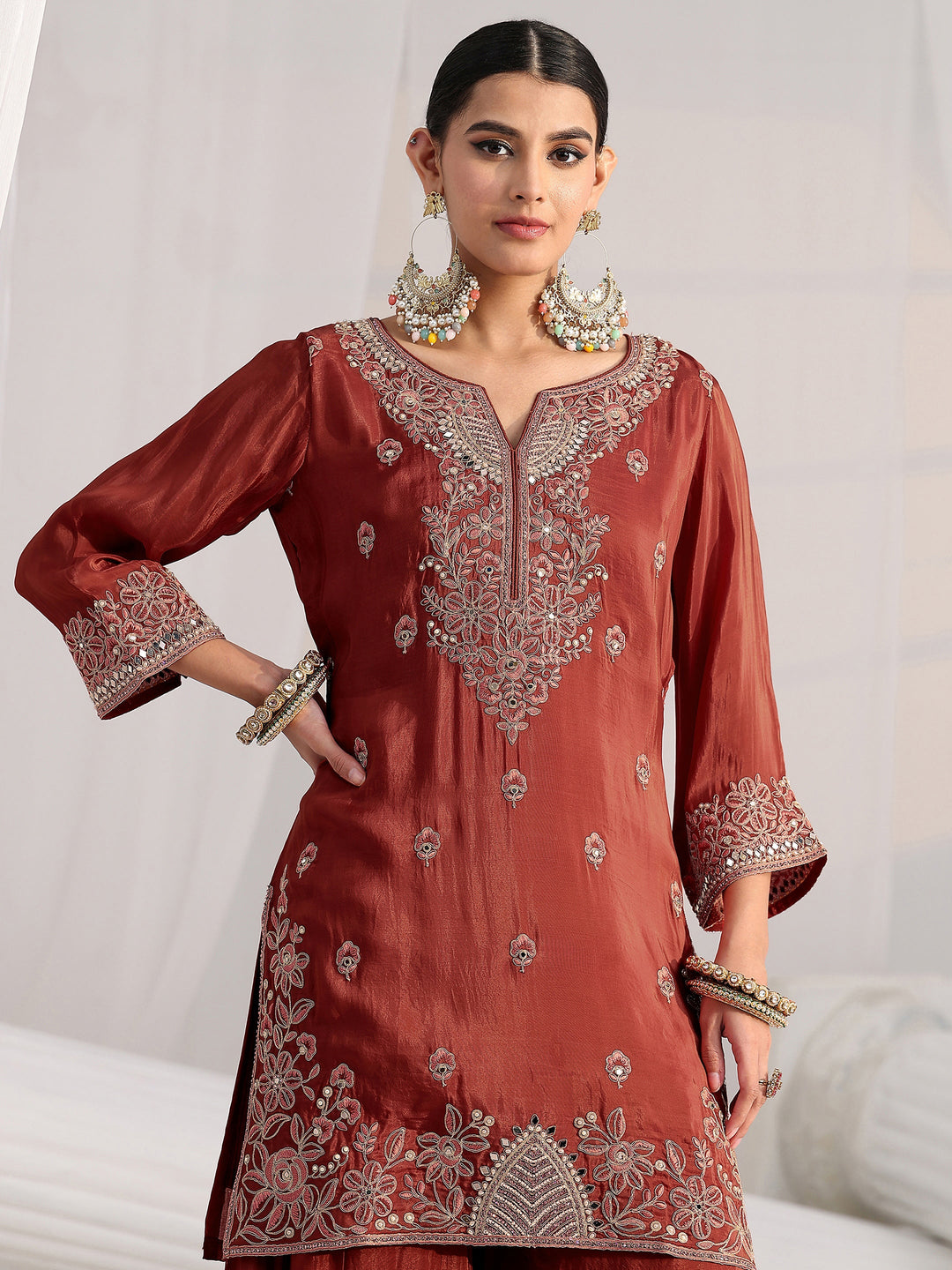  Libas Art Rust Brown Floral Embroidered Crepe Palazzo Suit Set 
