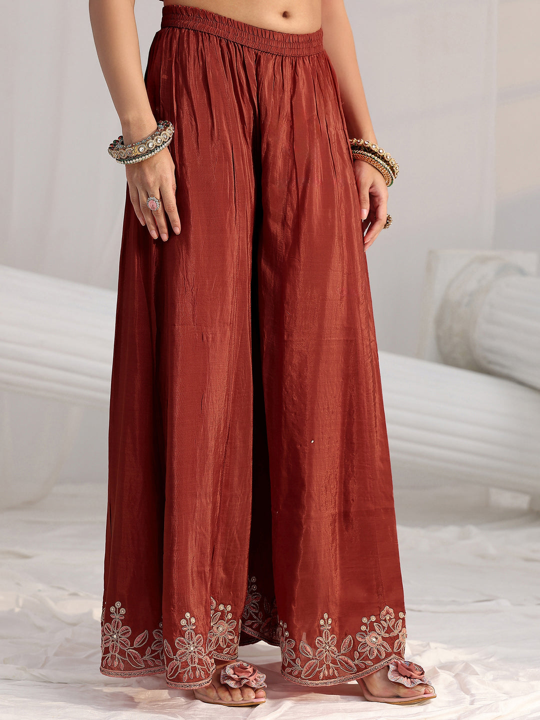  Libas Art Rust Brown Floral Embroidered Crepe Palazzo Suit Set 