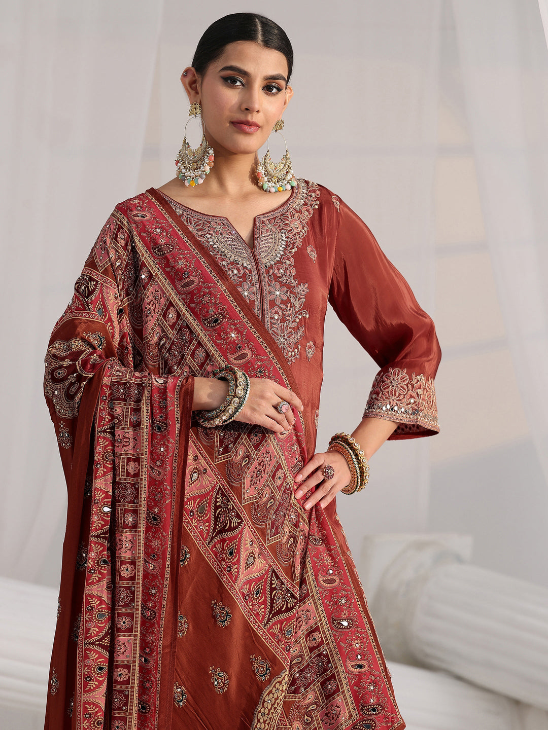  Libas Art Rust Brown Floral Embroidered Crepe Palazzo Suit Set 