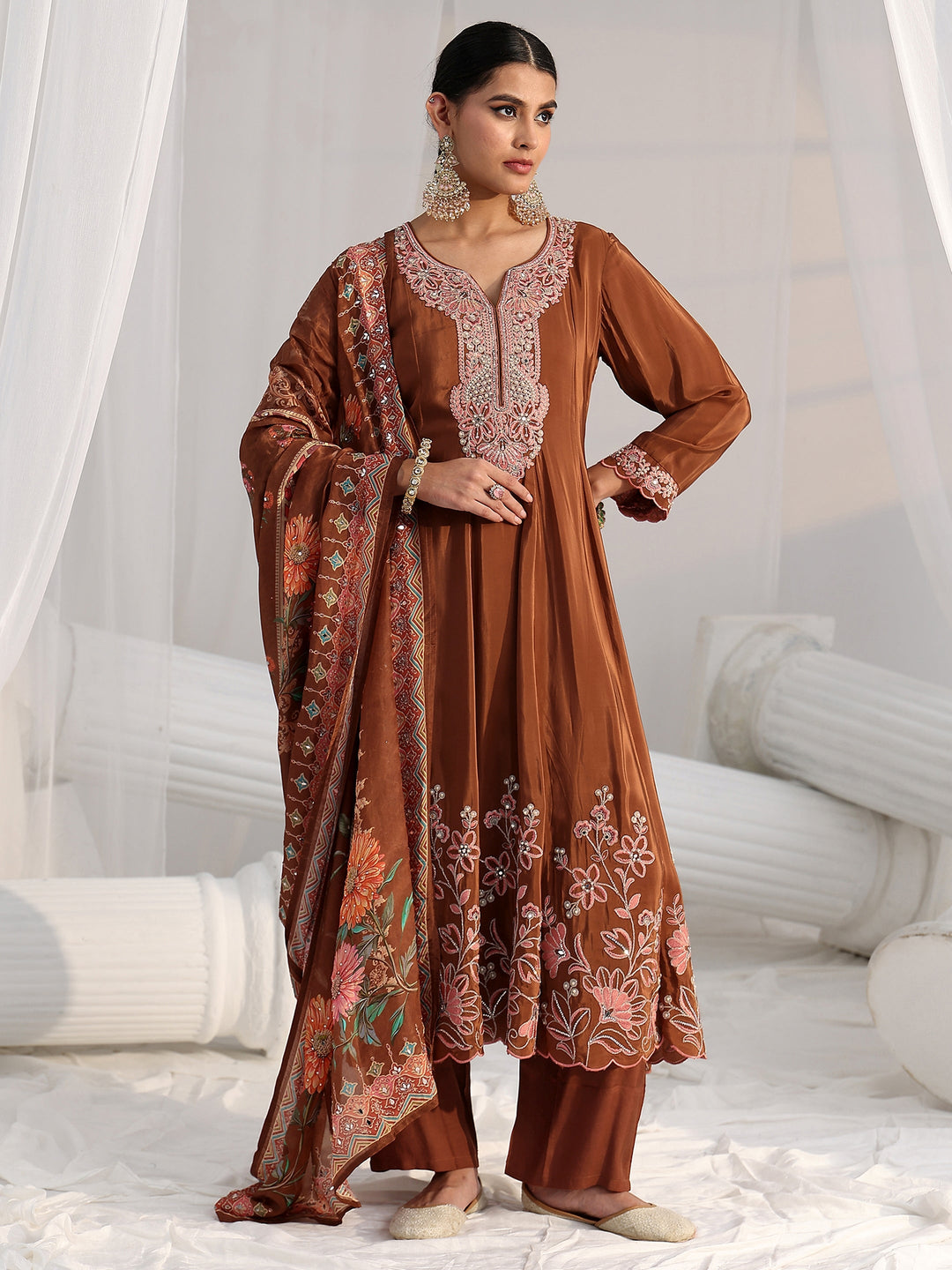  Libas Art Brown Floral Embellished Crepe Anarkali Suit Set 