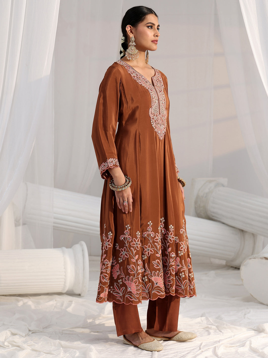  Libas Art Brown Floral Embellished Crepe Anarkali Suit Set 