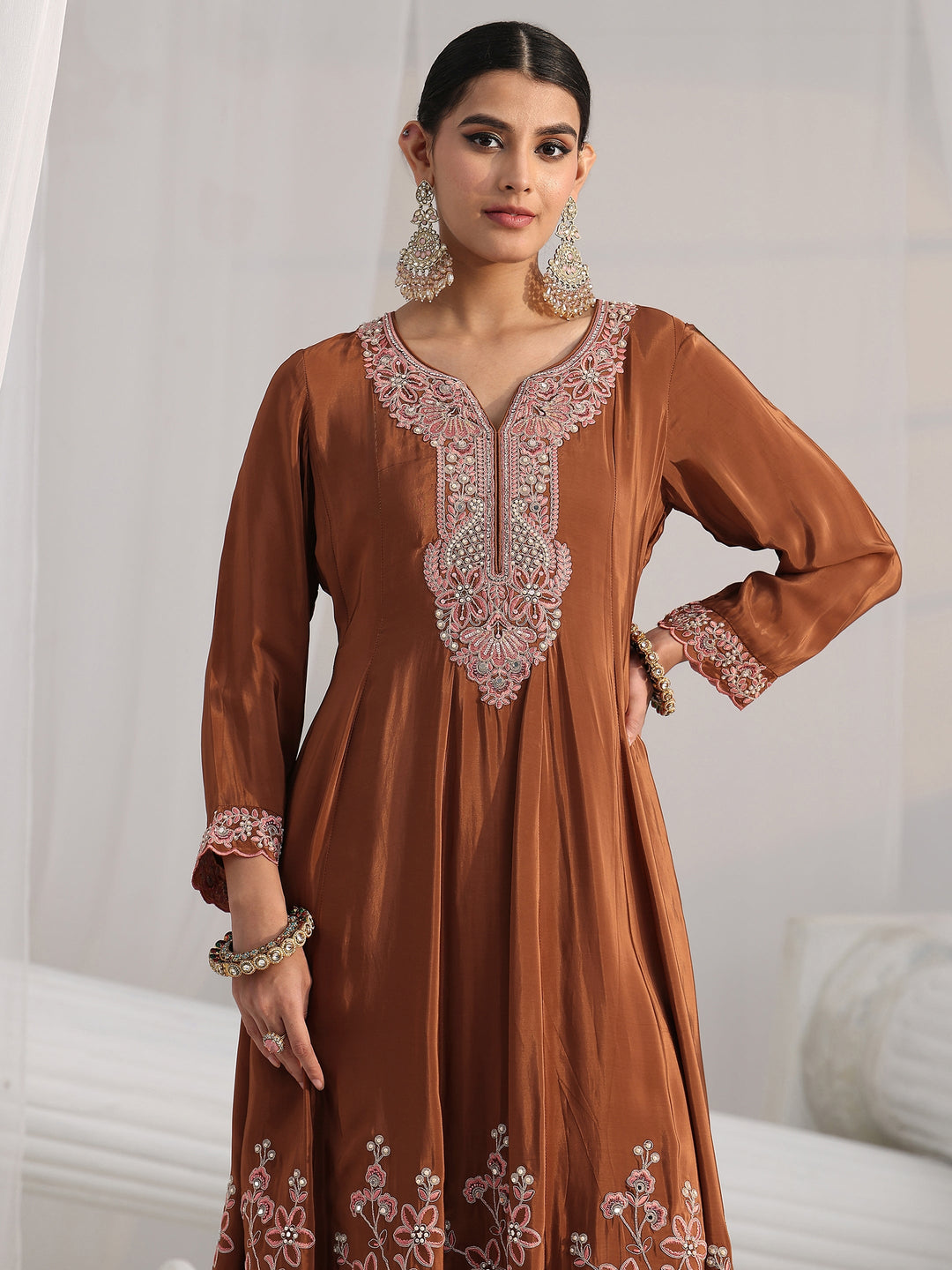  Libas Art Brown Floral Embellished Crepe Anarkali Suit Set 