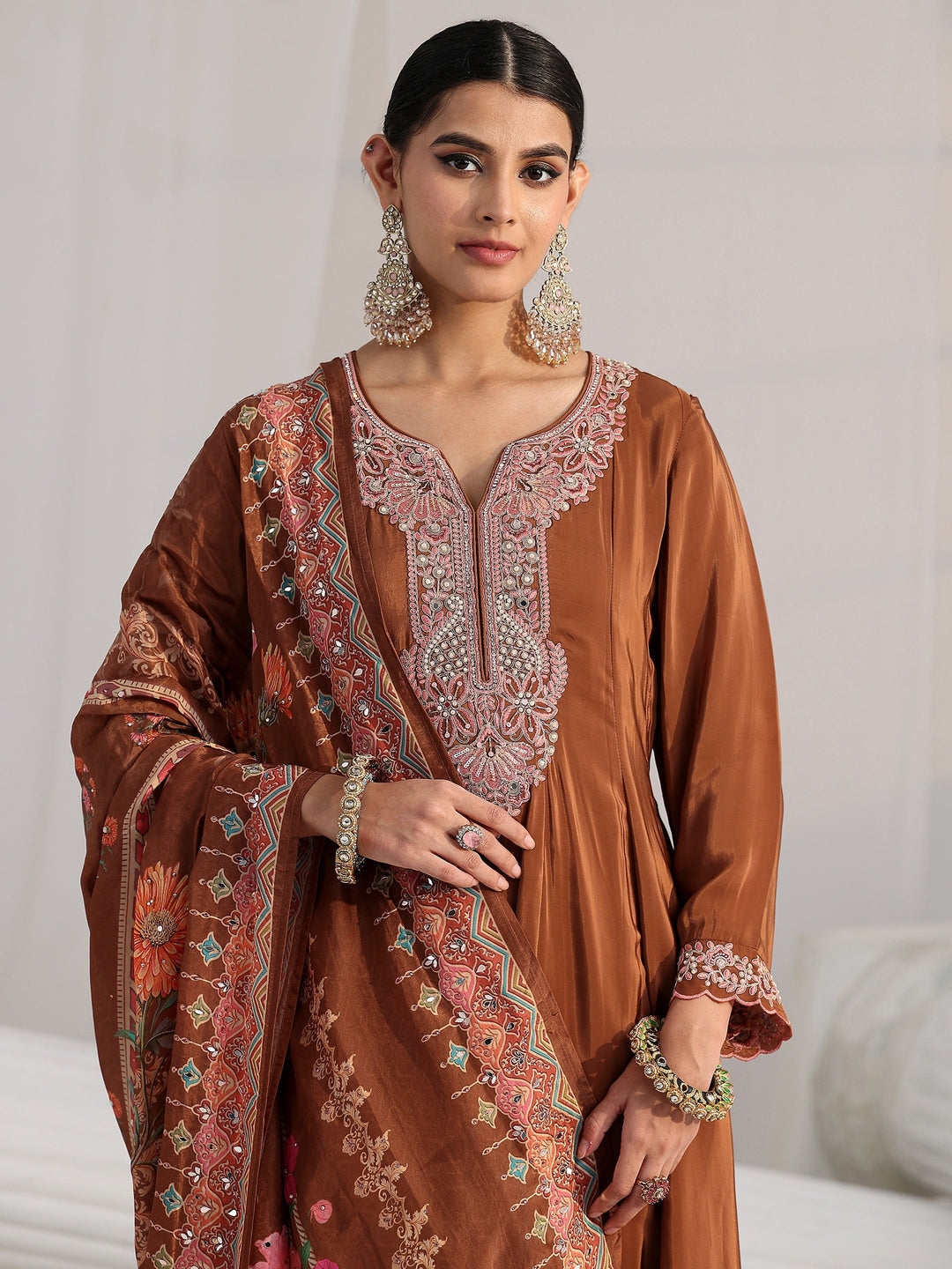  Libas Art Brown Floral Embellished Crepe Anarkali Suit Set 