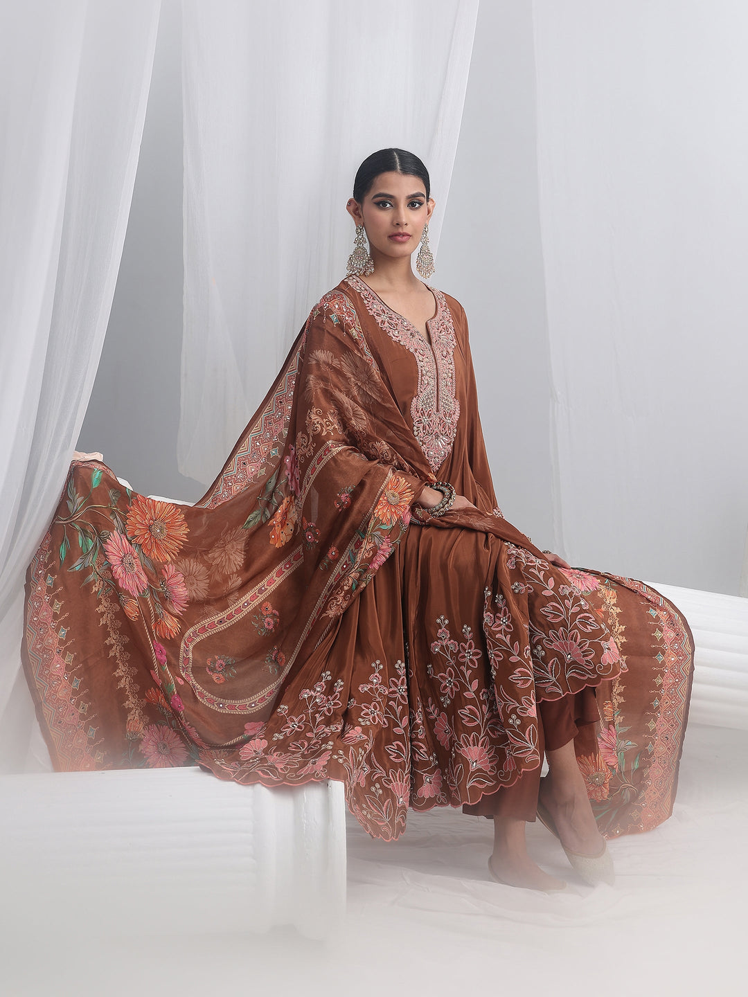  Libas Art Brown Floral Embellished Crepe Anarkali Suit Set 