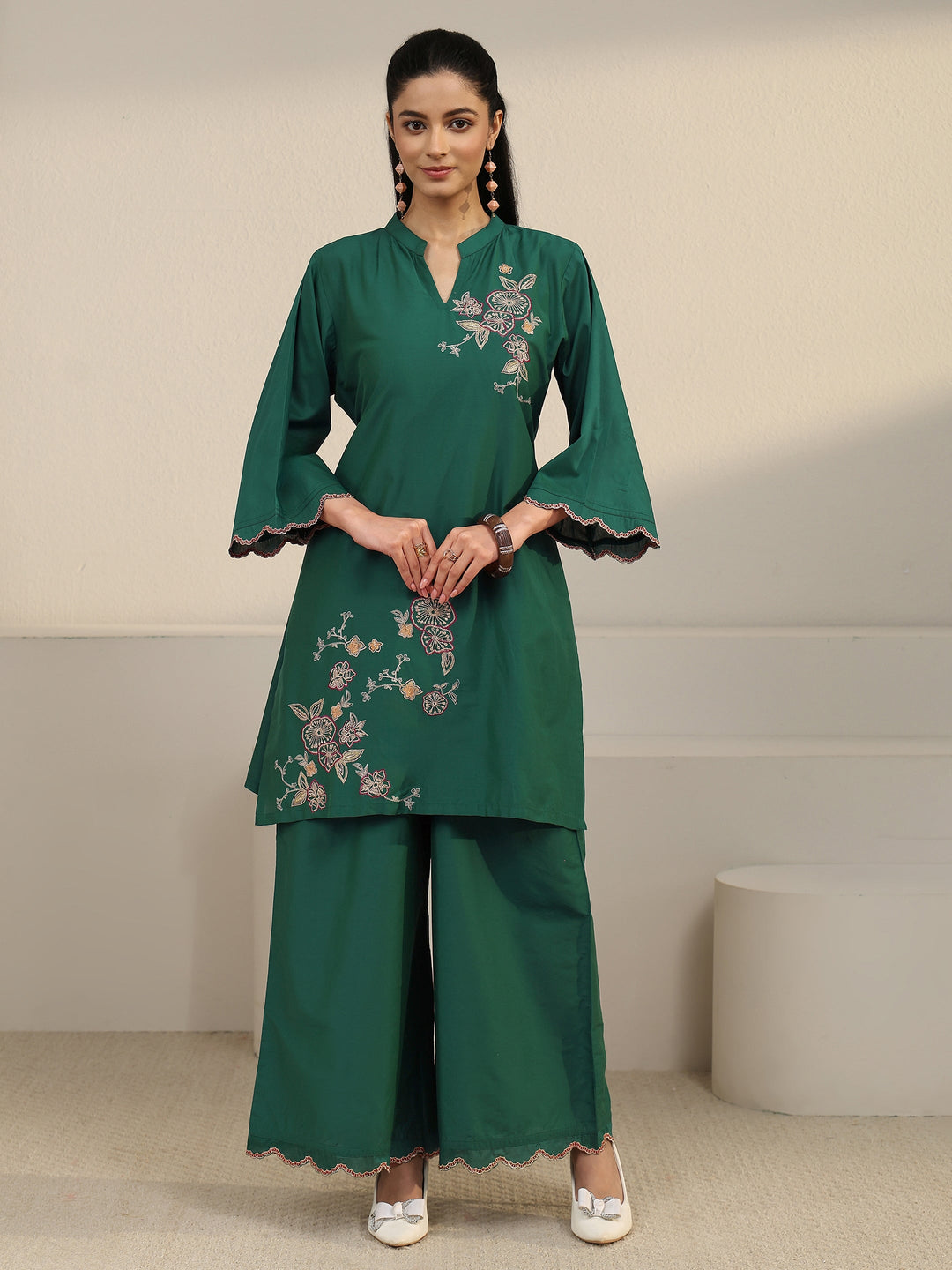  Libas Green Floral Embroidered Silk Blend Co-ord Set 