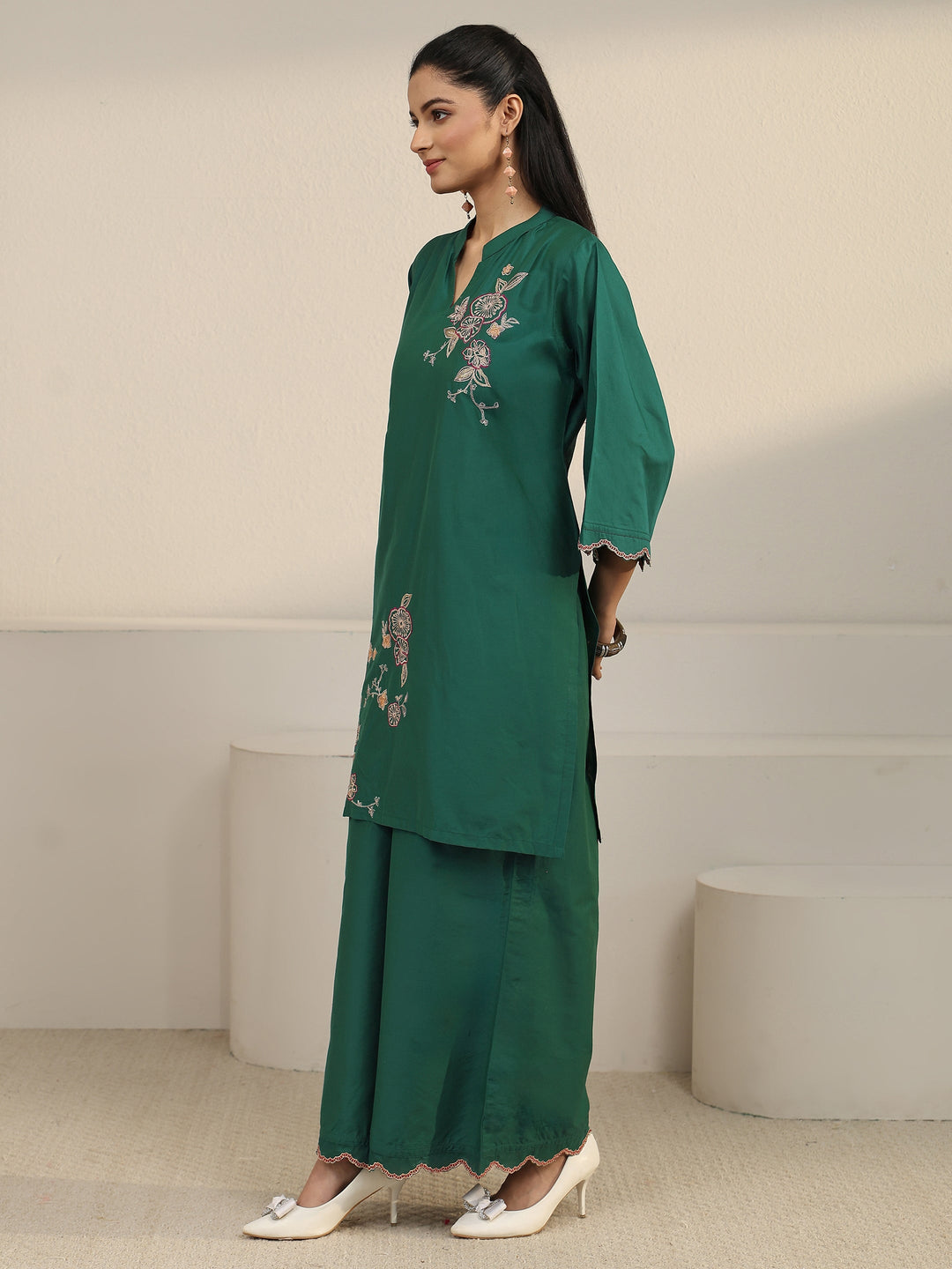  Libas Green Floral Embroidered Silk Blend Co-ord Set 