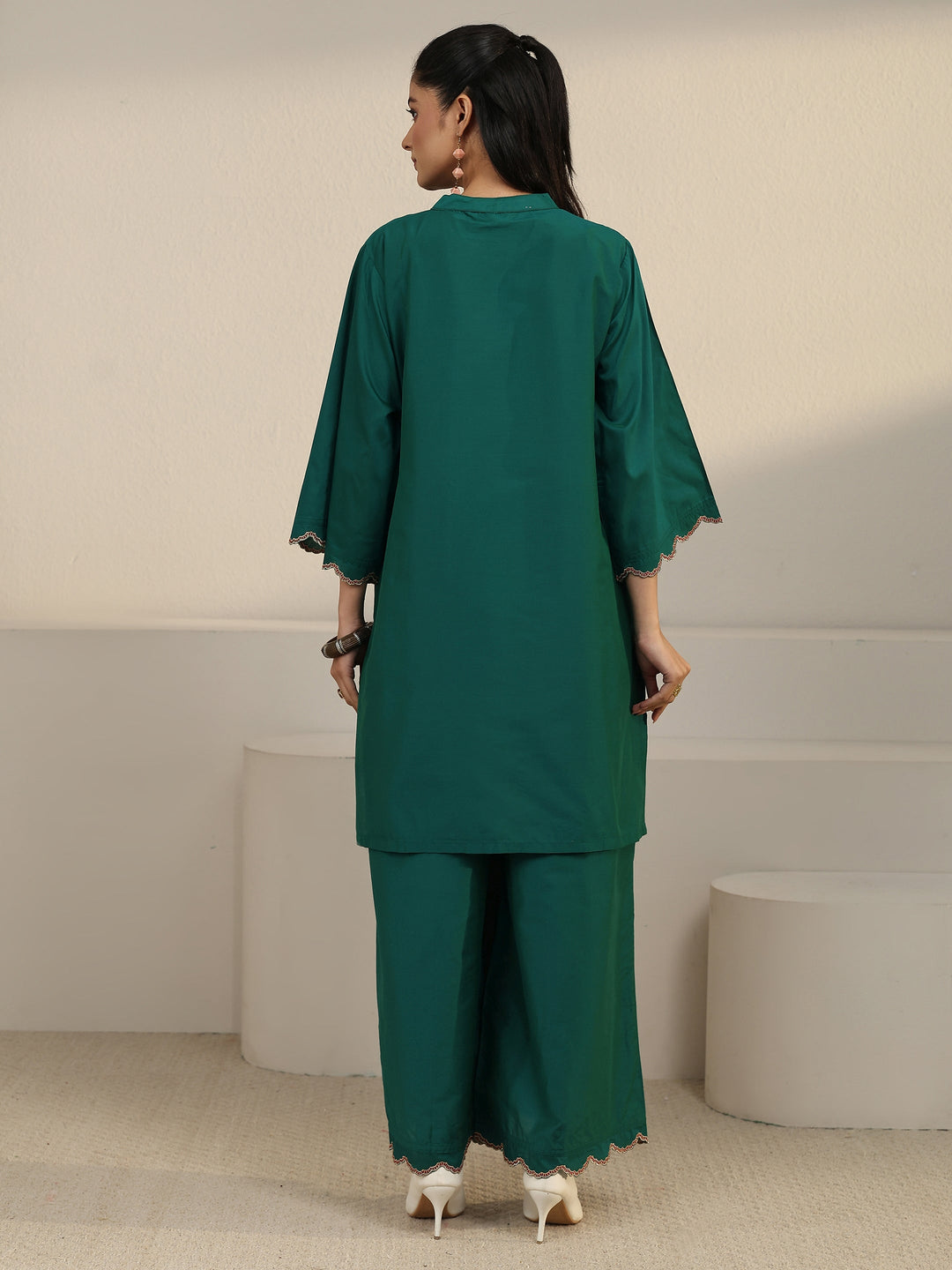  Libas Green Floral Embroidered Silk Blend Co-ord Set 