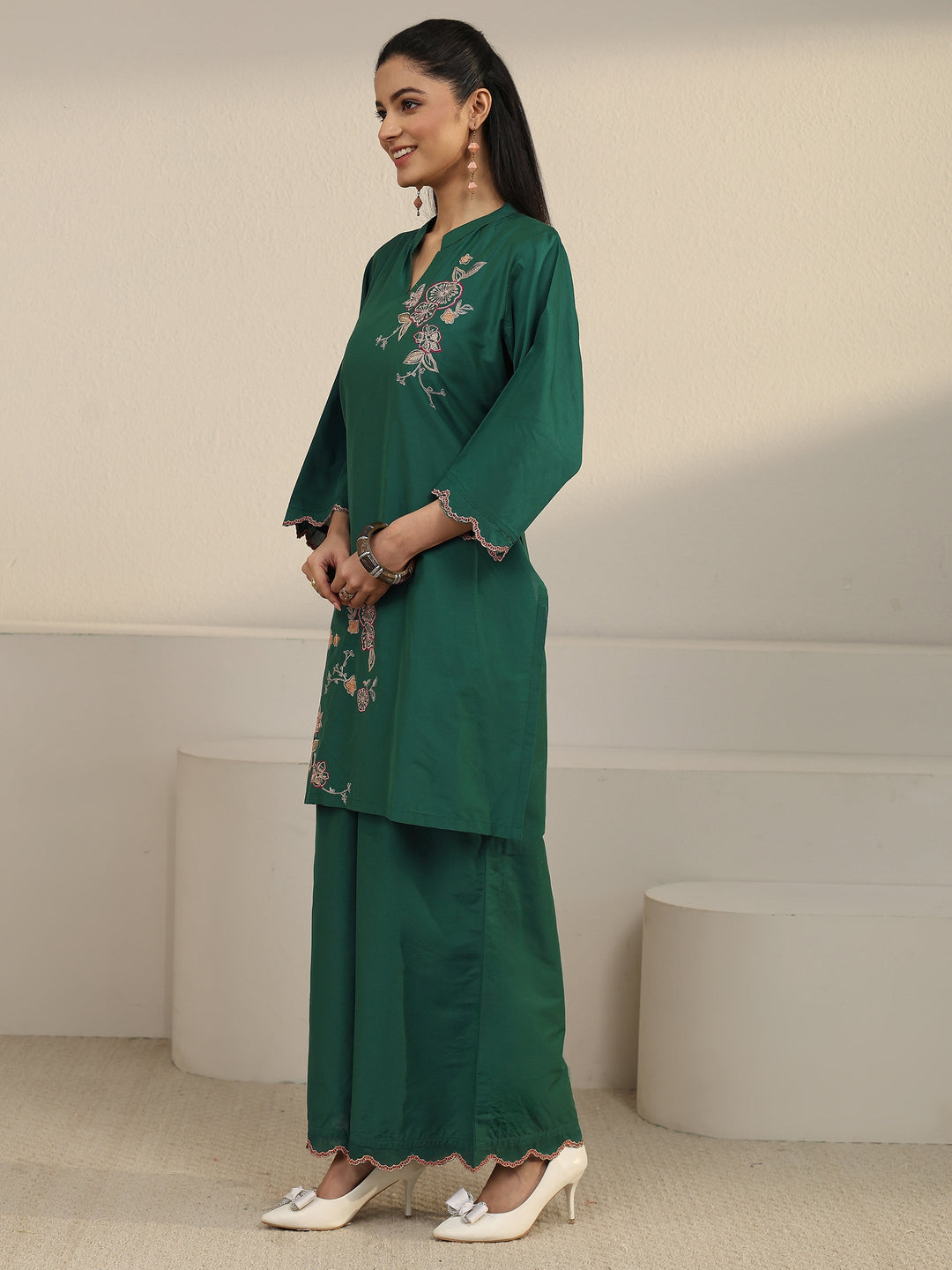  Libas Green Floral Embroidered Silk Blend Co-ord Set 