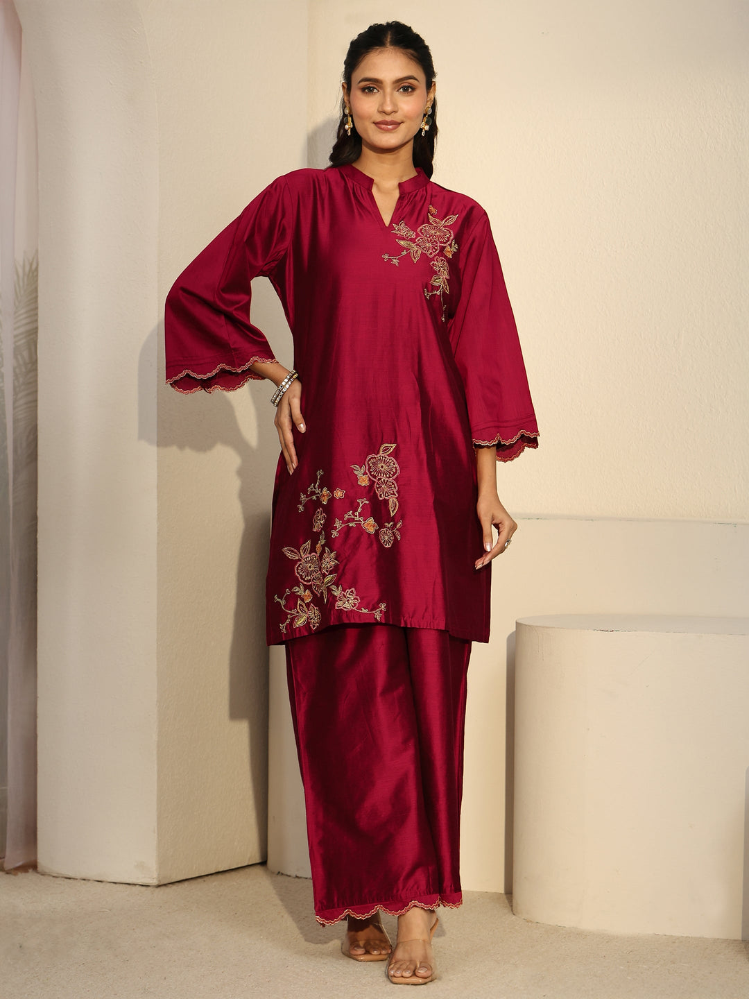  Libas Crimson Red Floral Embroidered Silk Blend Co-Ord Set 
