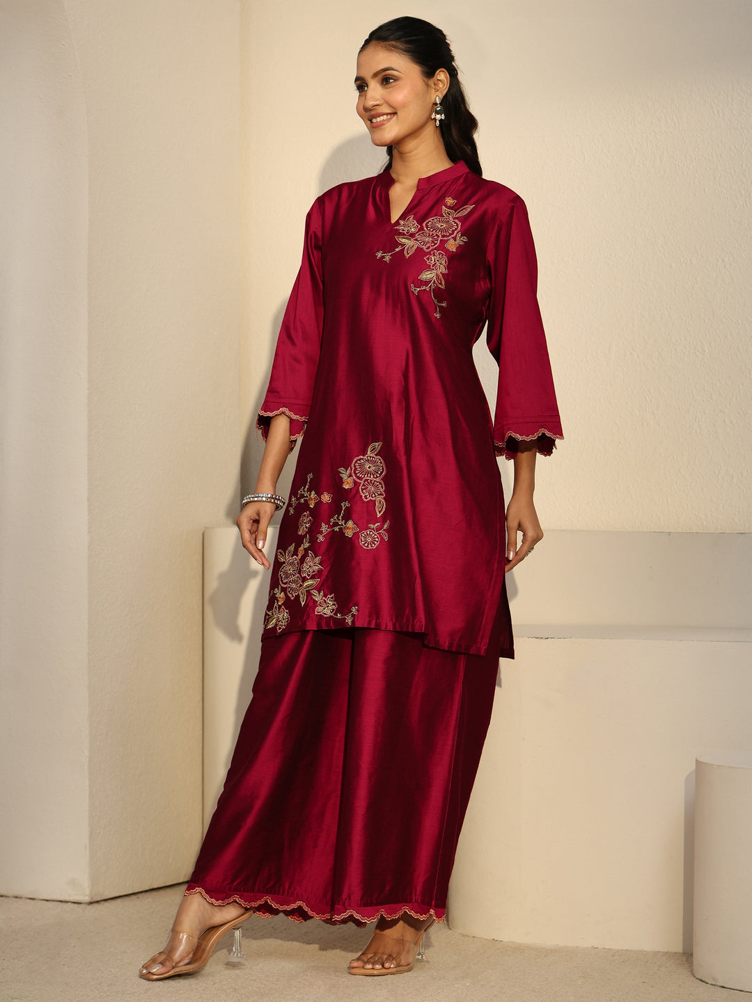  Libas Crimson Red Floral Embroidered Silk Blend Co-Ord Set 