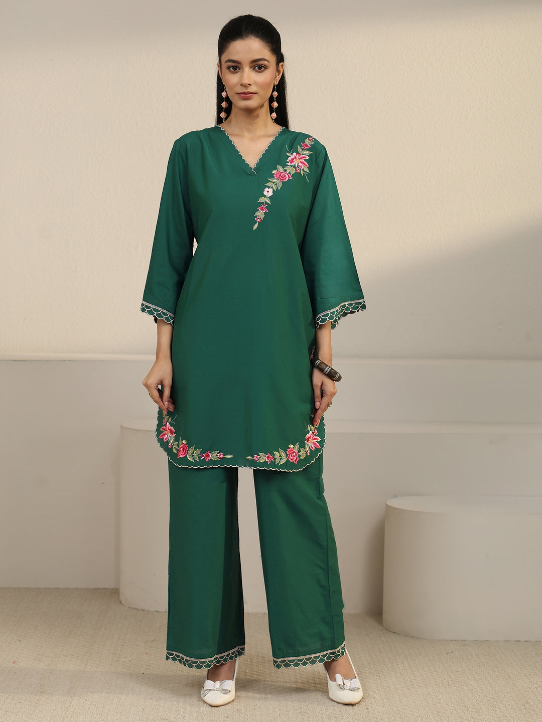  Libas Green Floral Embroidered Silk Blend Co-ord Set 