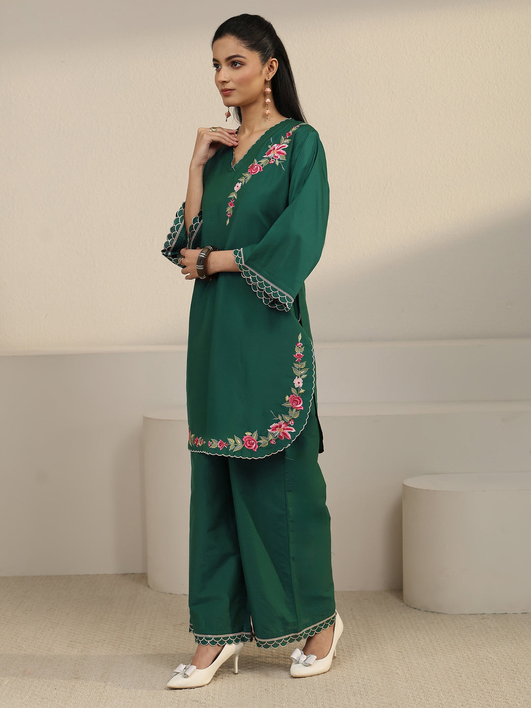  Libas Green Floral Embroidered Silk Blend Co-ord Set 