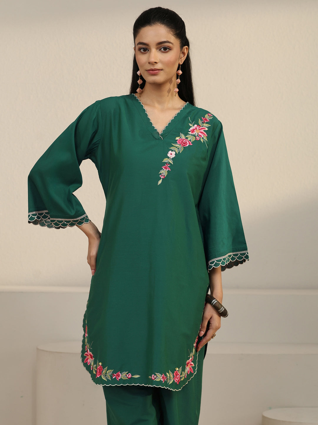  Libas Green Floral Embroidered Silk Blend Co-ord Set 