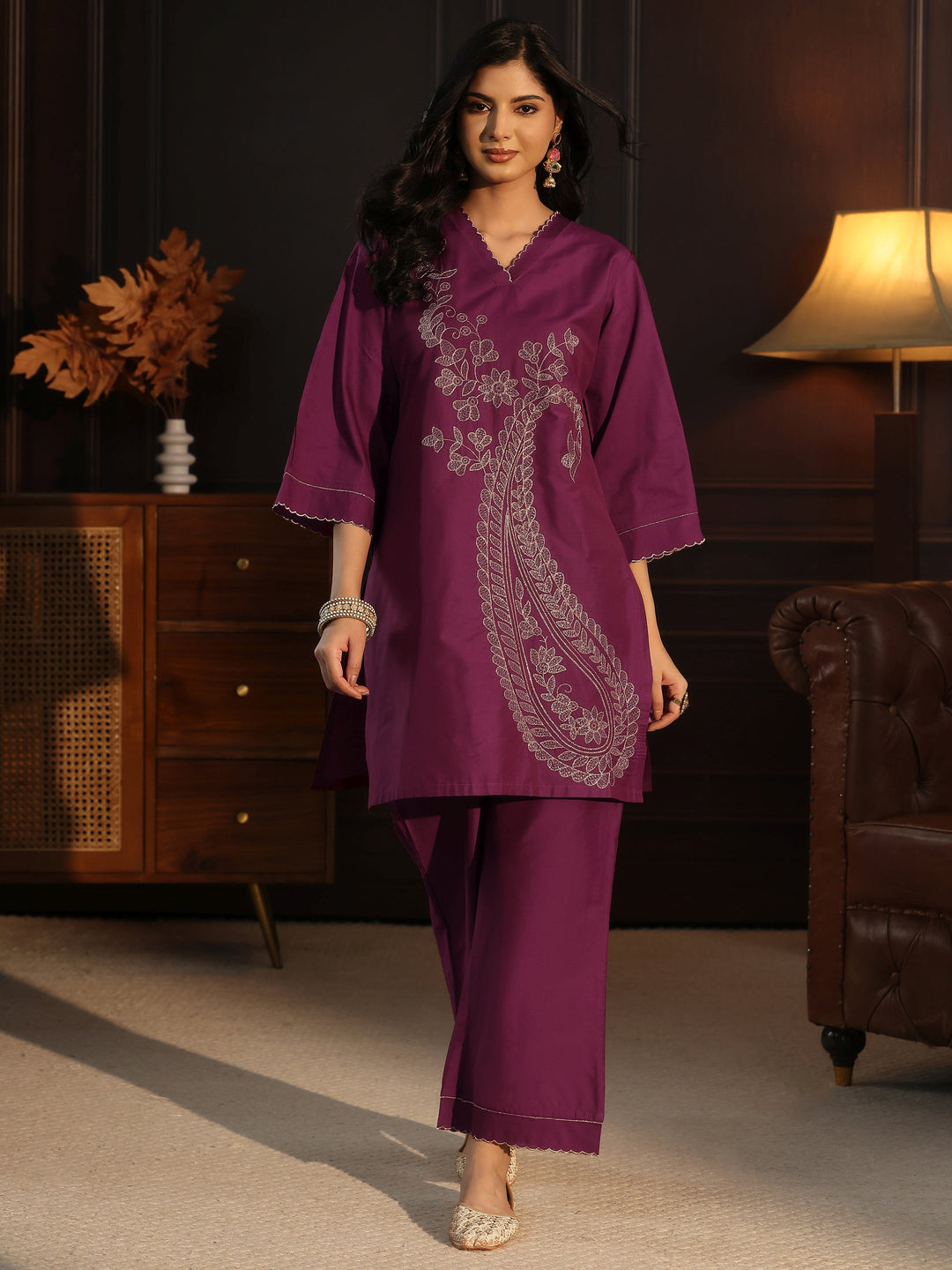  Libas Burgundy Paisley Embroidered Silk Blend Co-Ord Set 