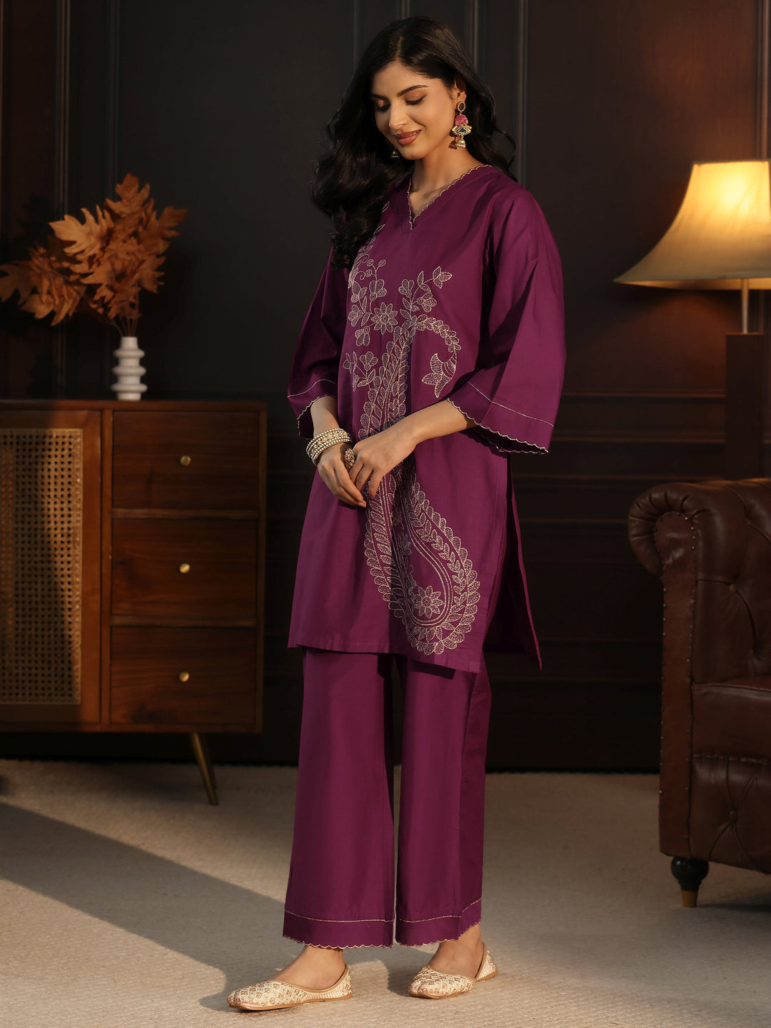  Libas Burgundy Paisley Embroidered Silk Blend Co-Ord Set 