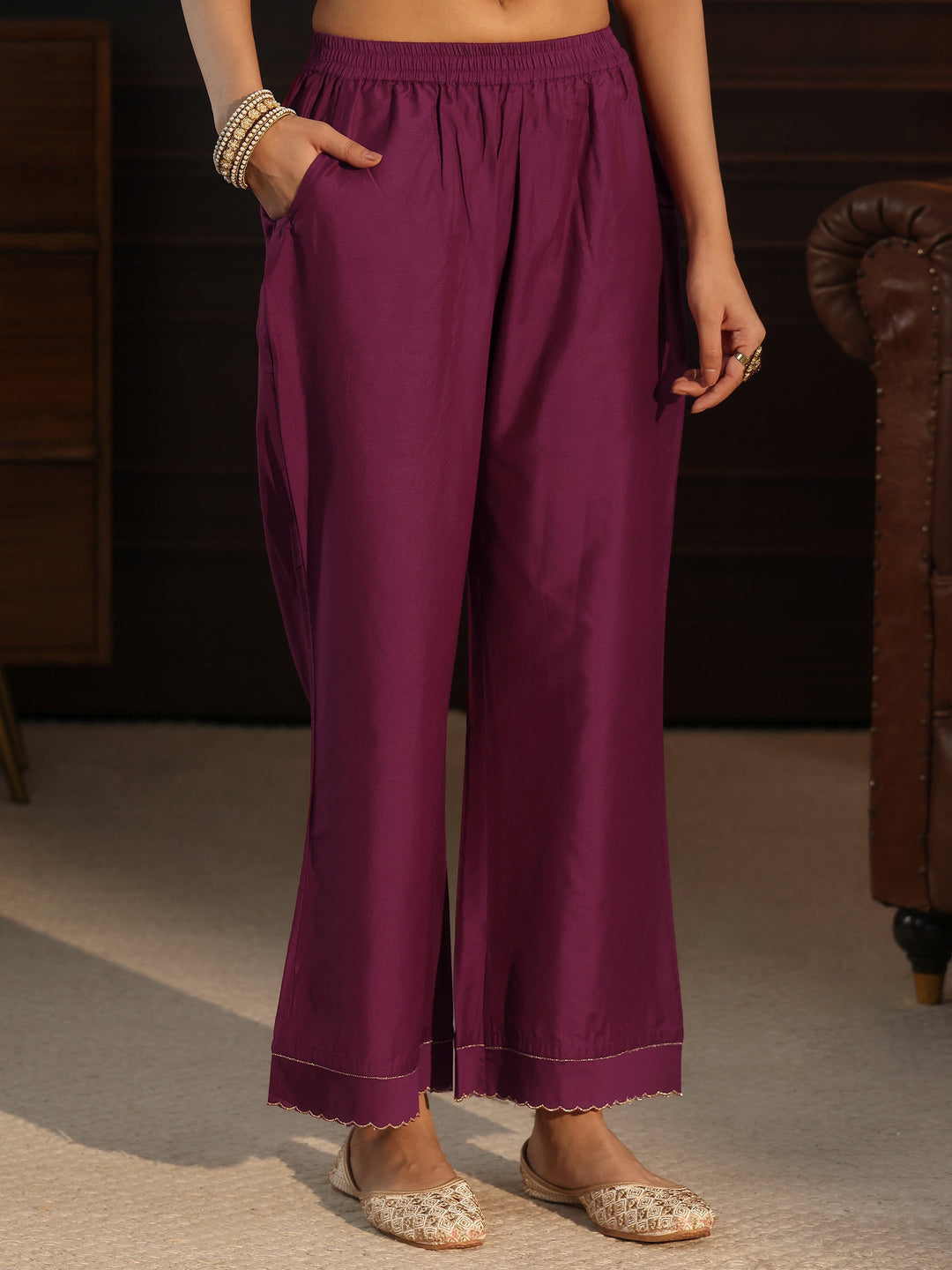  Libas Burgundy Paisley Embroidered Silk Blend Co-Ord Set 