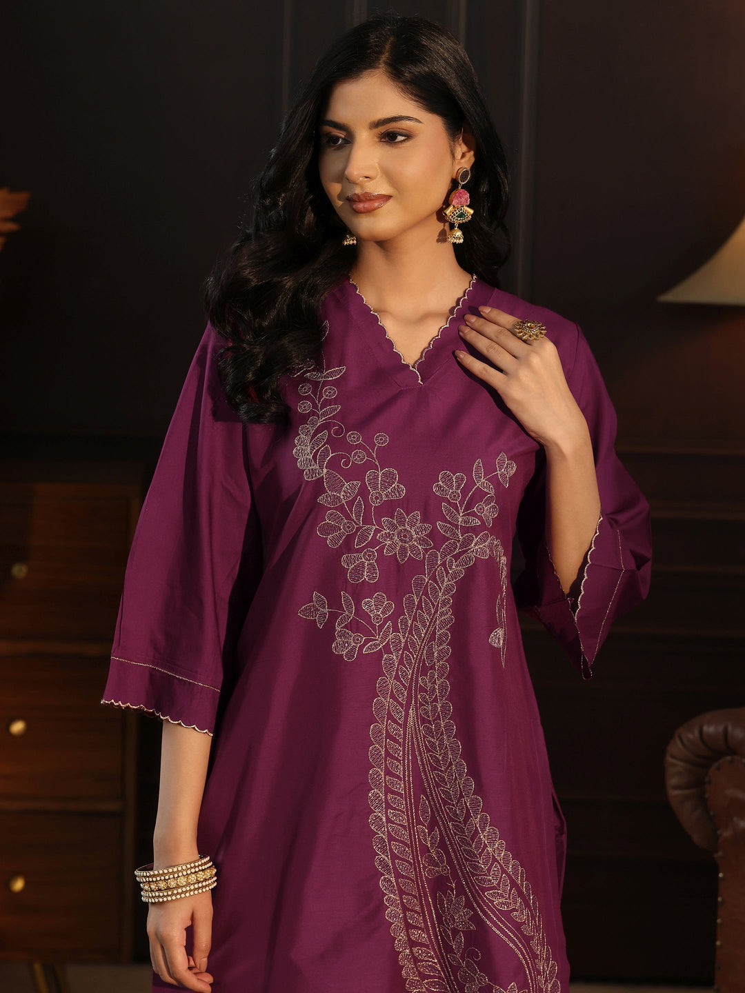  Libas Burgundy Paisley Embroidered Silk Blend Co-Ord Set 