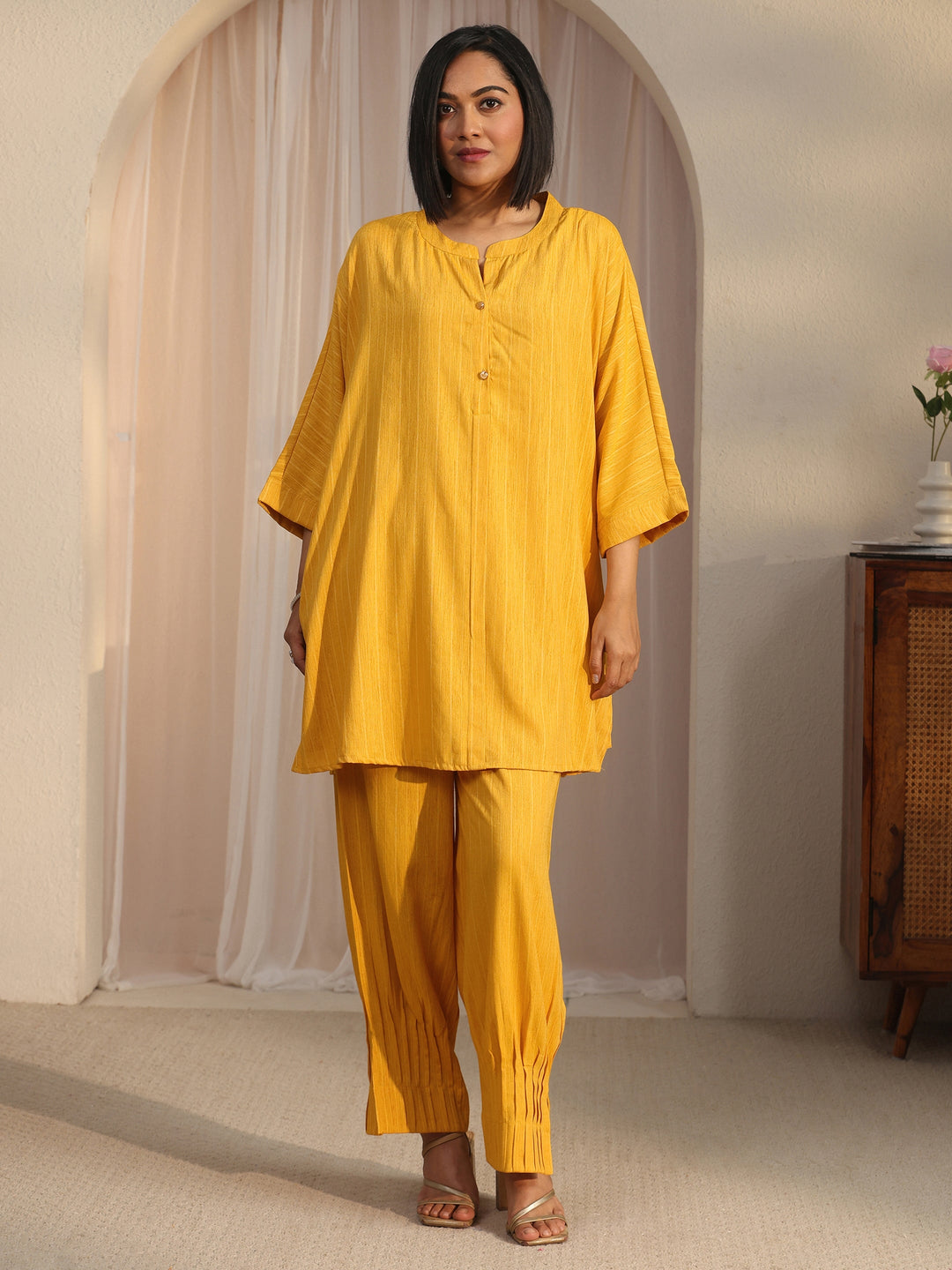  Libas Mustard Striped Woven Design Rayon Co-Ord Set 