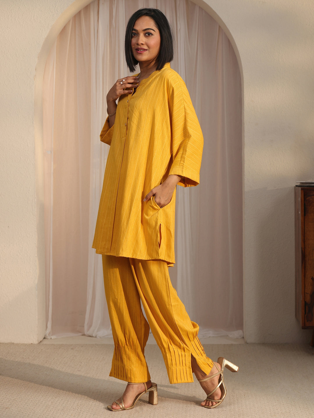  Libas Mustard Striped Woven Design Rayon Co-Ord Set 