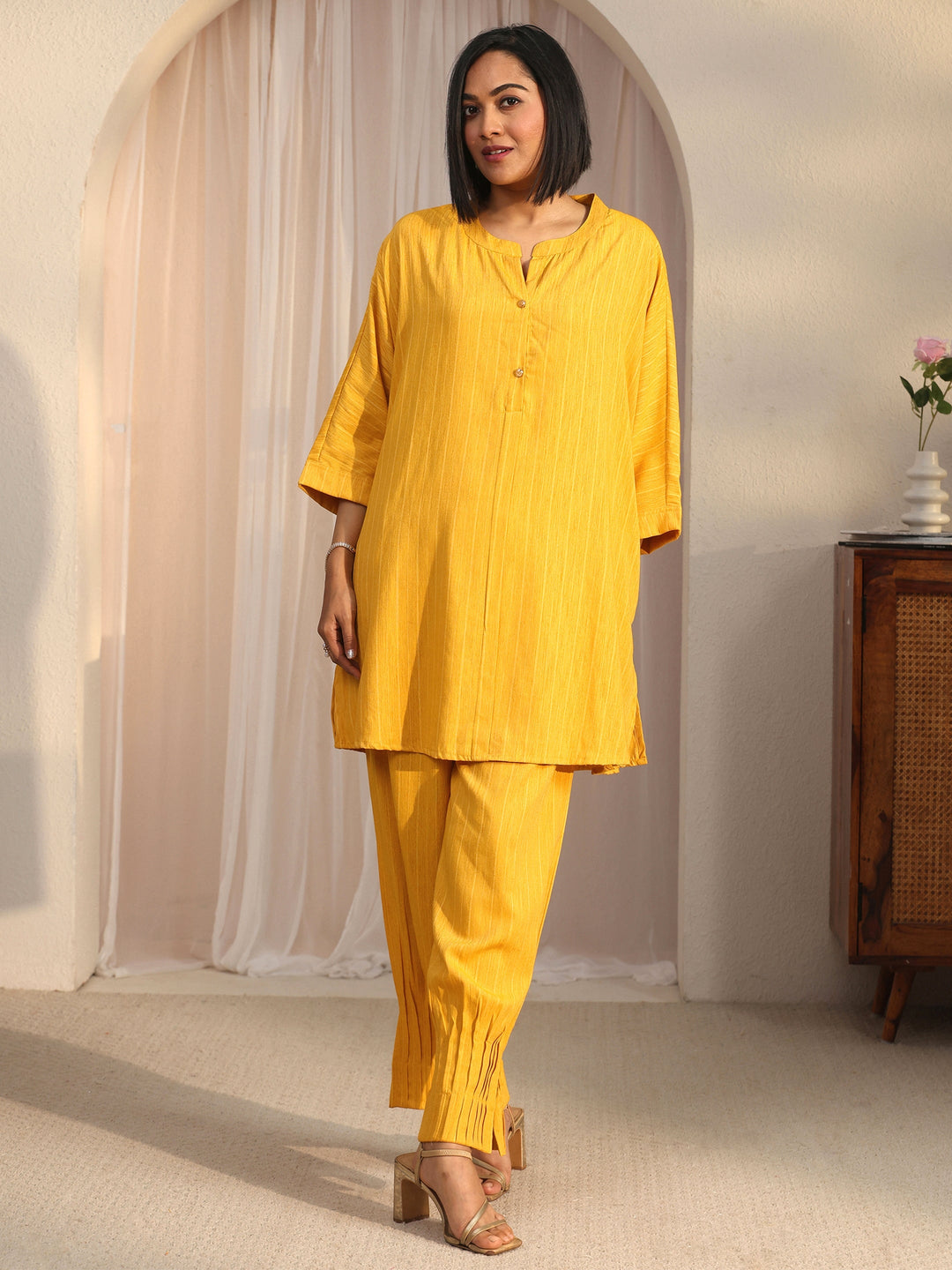 Libas Mustard Striped Woven Design Rayon Co-Ord Set 