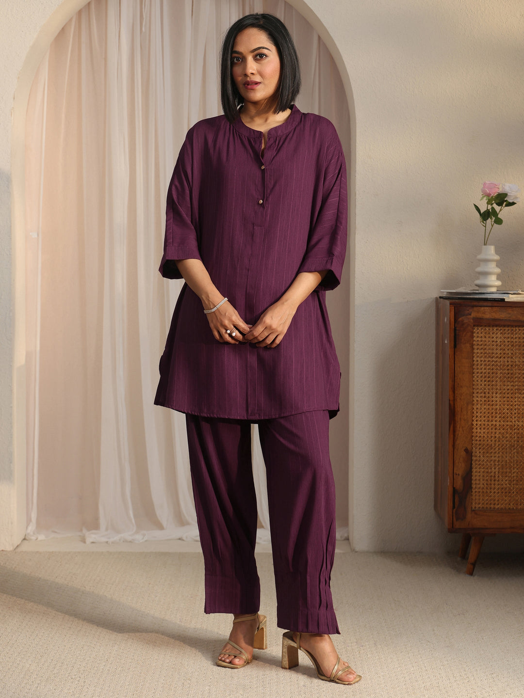  Libas Burgundy Striped Woven Design Rayon Co-Ord Set 