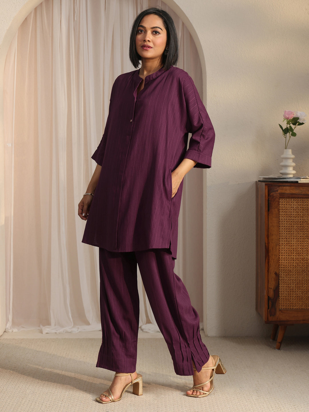  Libas Burgundy Striped Woven Design Rayon Co-Ord Set 