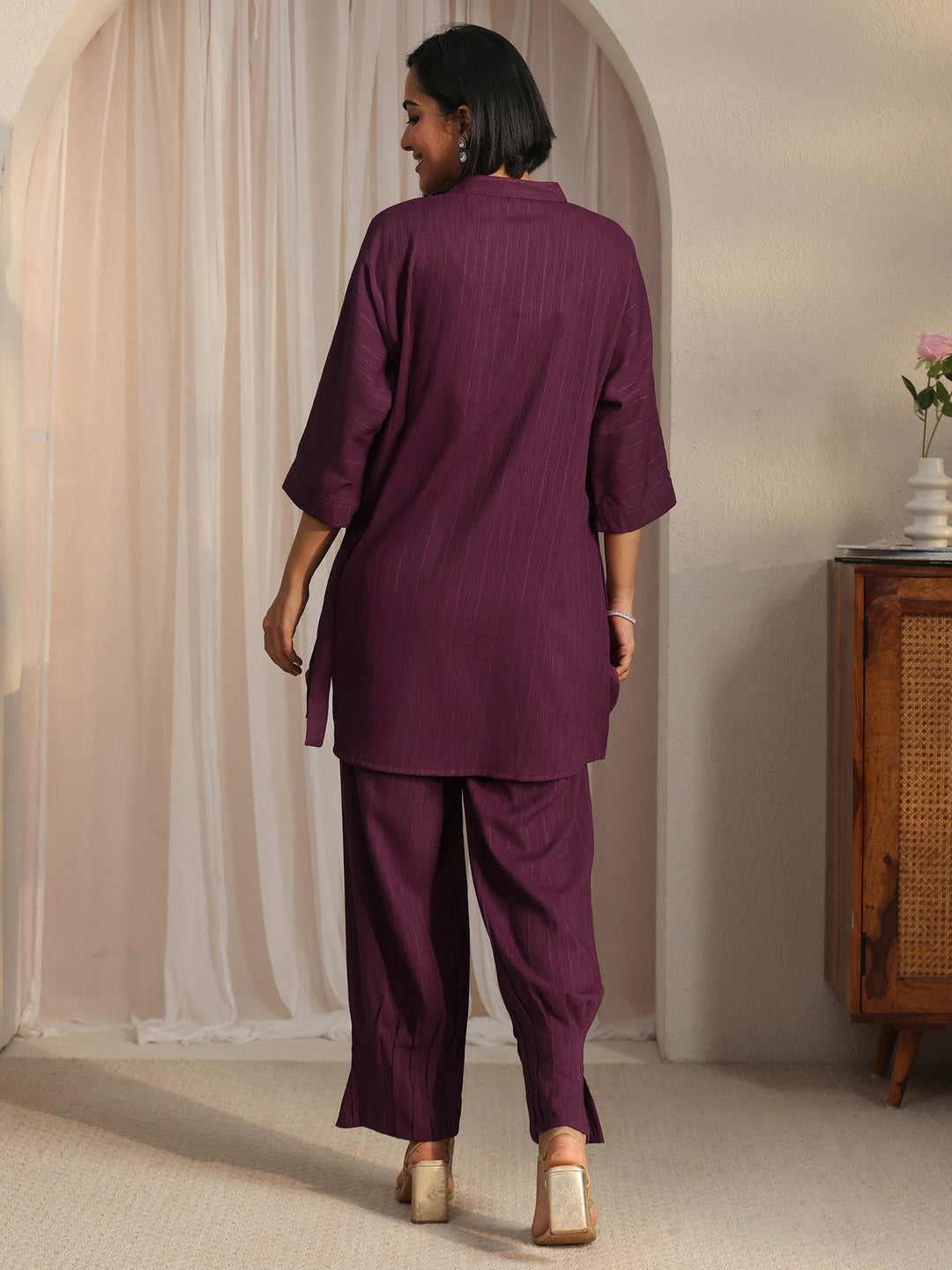  Libas Burgundy Striped Woven Design Rayon Co-Ord Set 