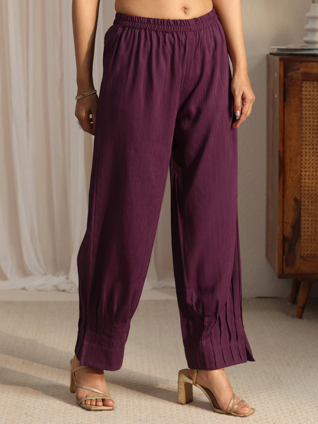  Libas Burgundy Striped Woven Design Rayon Co-Ord Set 