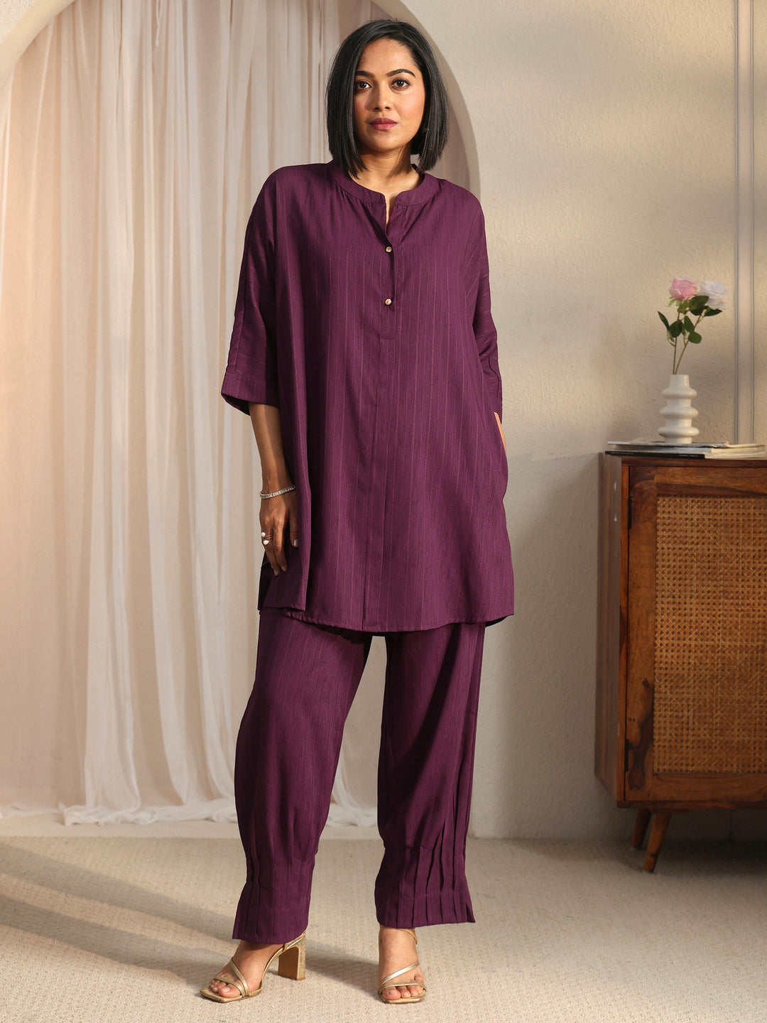  Libas Burgundy Striped Woven Design Rayon Co-Ord Set 