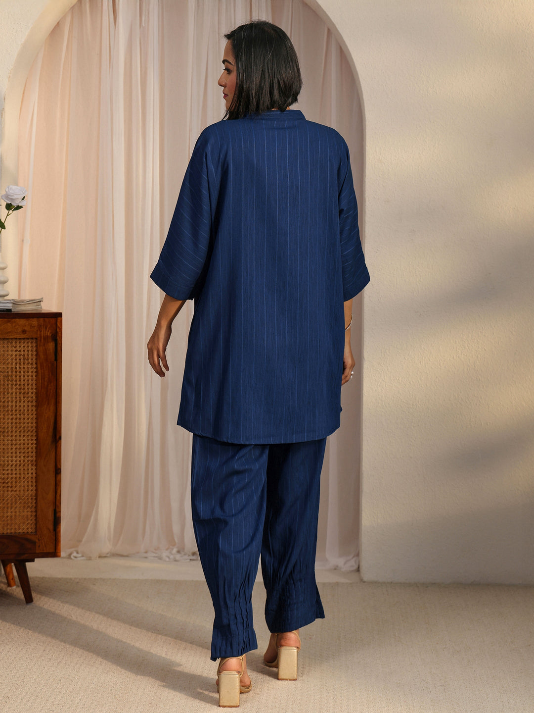  Libas Blue Striped Woven Design Rayon Co-Ord Set 