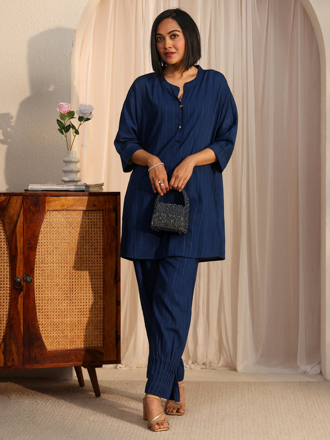  Libas Blue Striped Woven Design Rayon Co-Ord Set 
