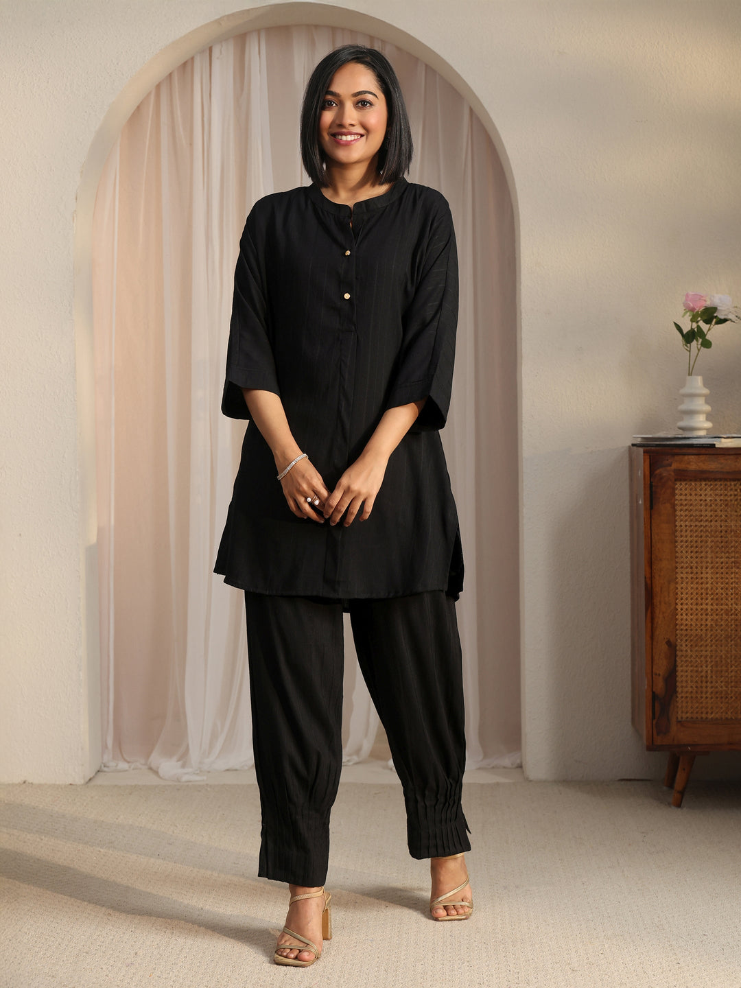  Libas Black Striped Woven Design Rayon Co-Ord Set 