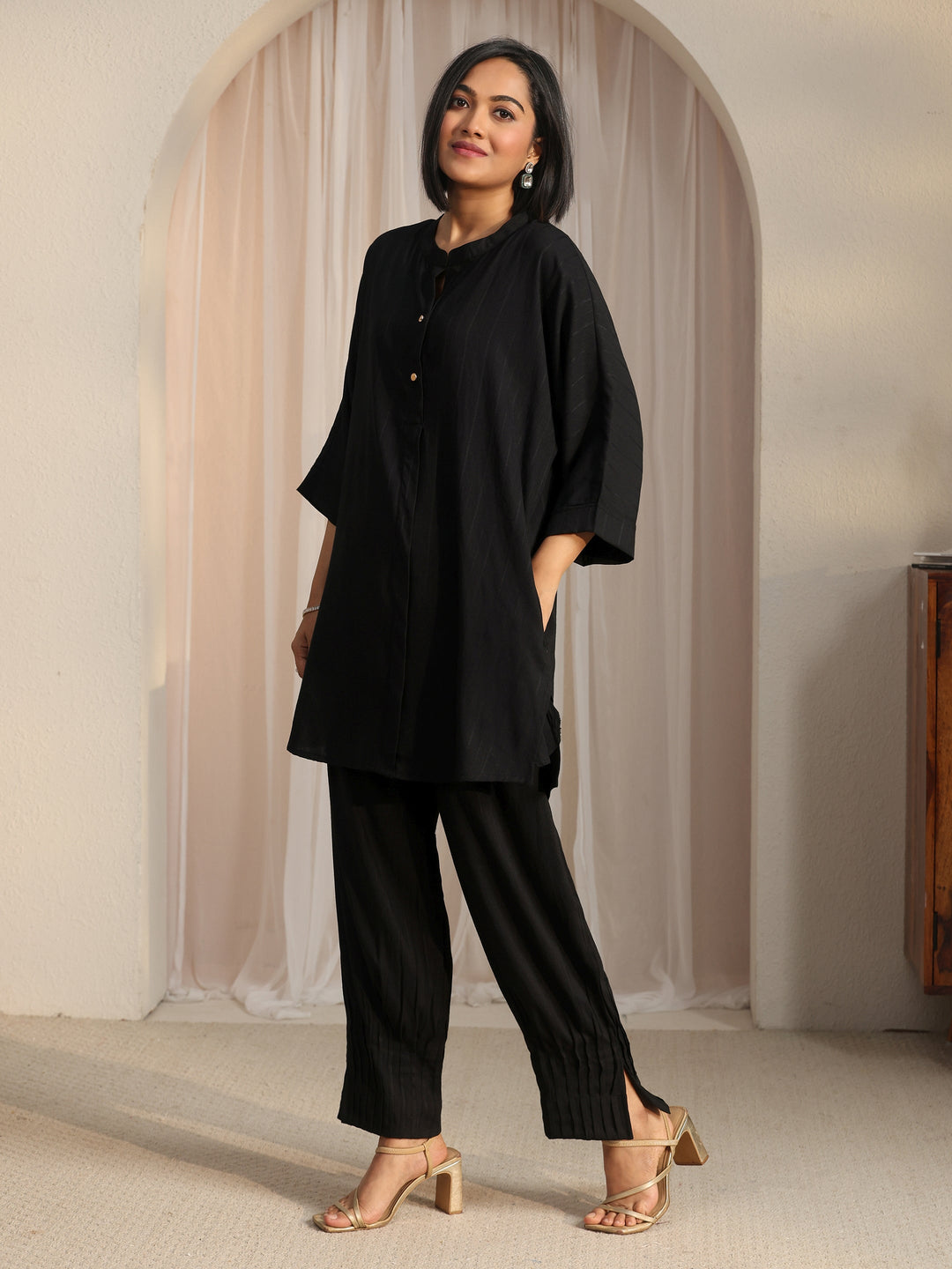  Libas Black Striped Woven Design Rayon Co-Ord Set 