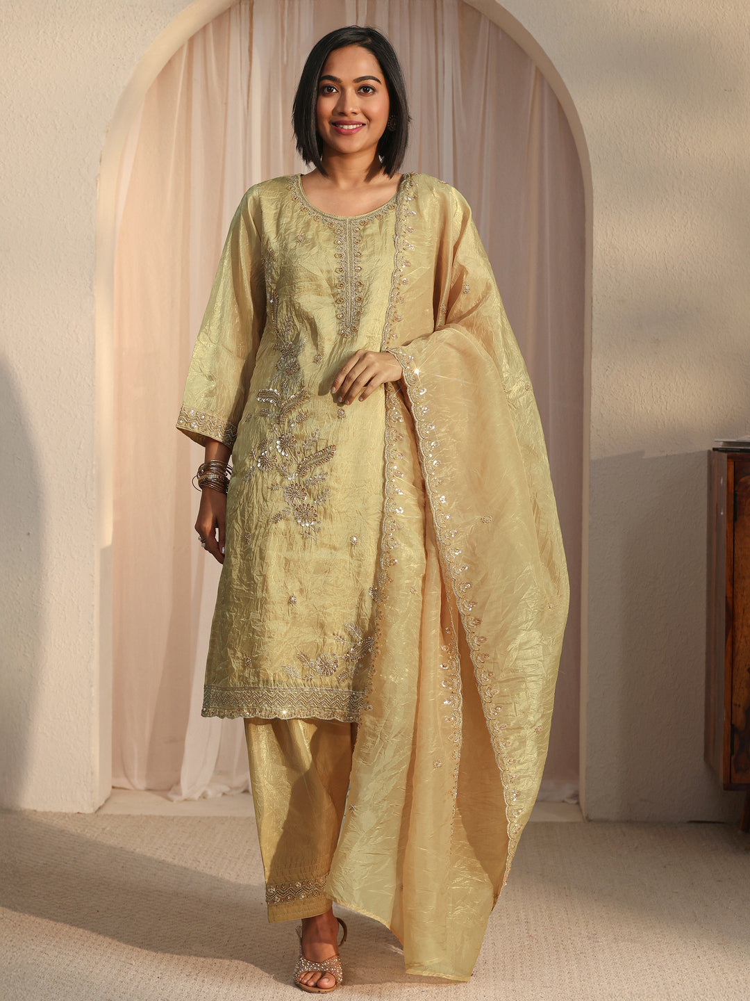  Libas Yellow Floral Embroidered Organza Farshi Salwar Suit 