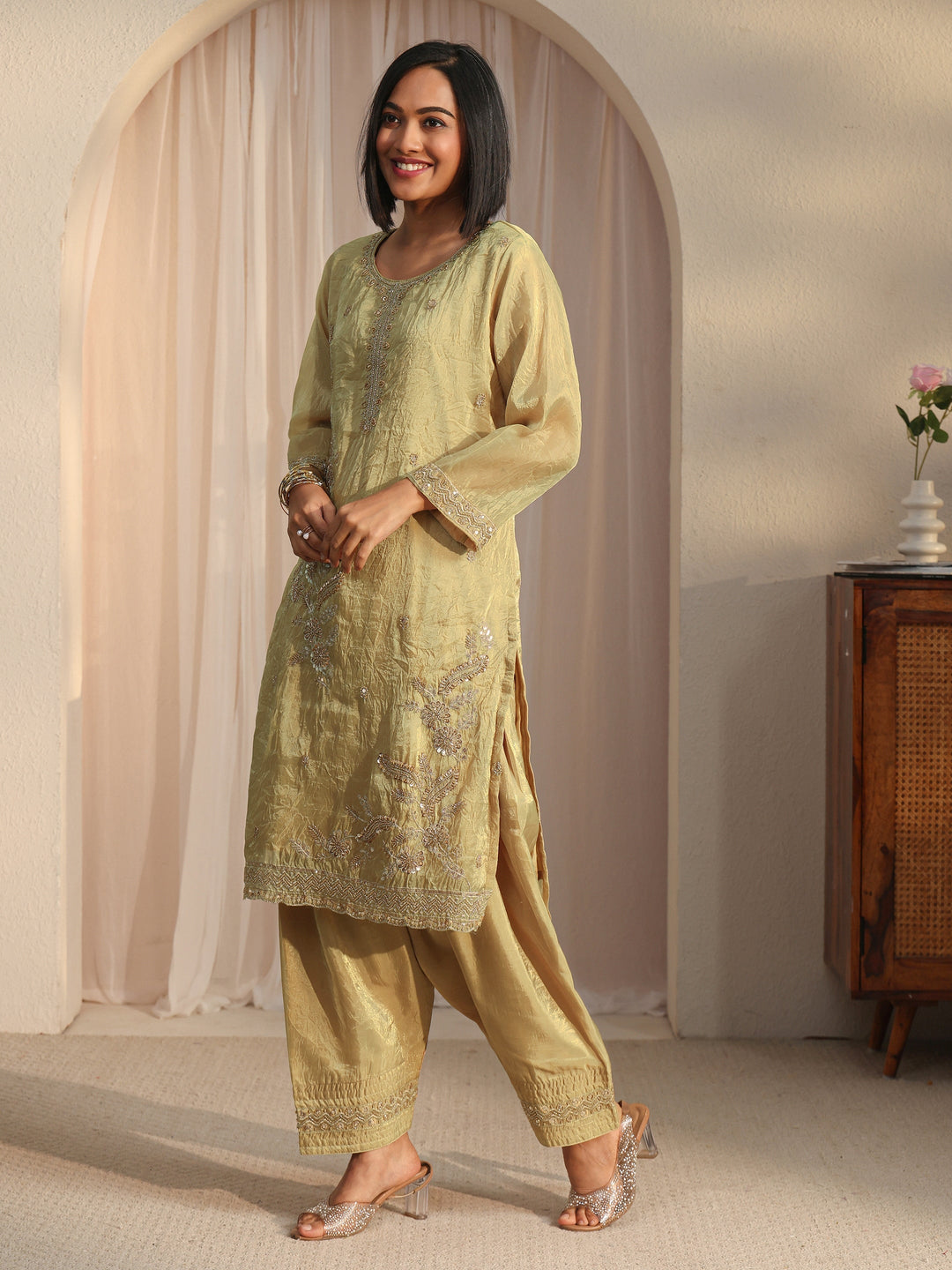  Libas Yellow Floral Embroidered Organza Farshi Salwar Suit 