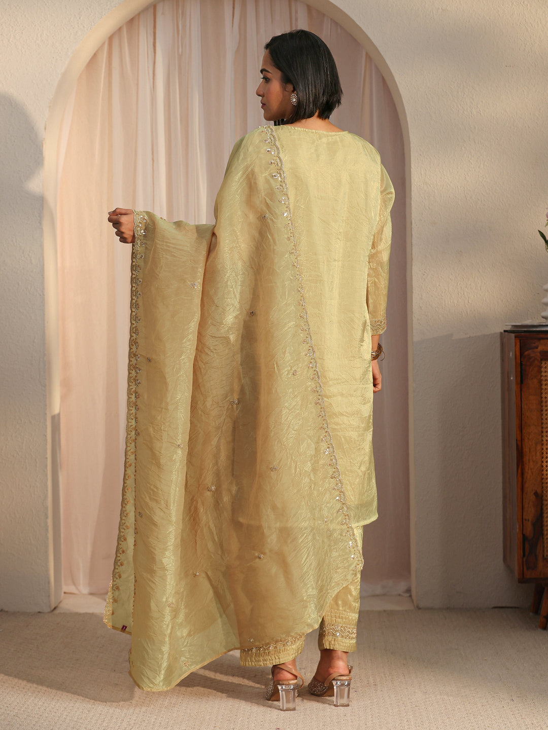  Libas Yellow Floral Embroidered Organza Farshi Salwar Suit 