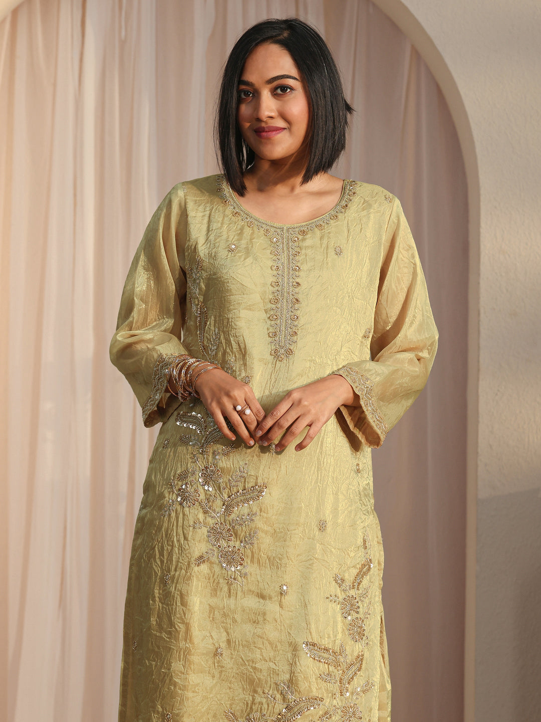  Libas Yellow Floral Embroidered Organza Farshi Salwar Suit 