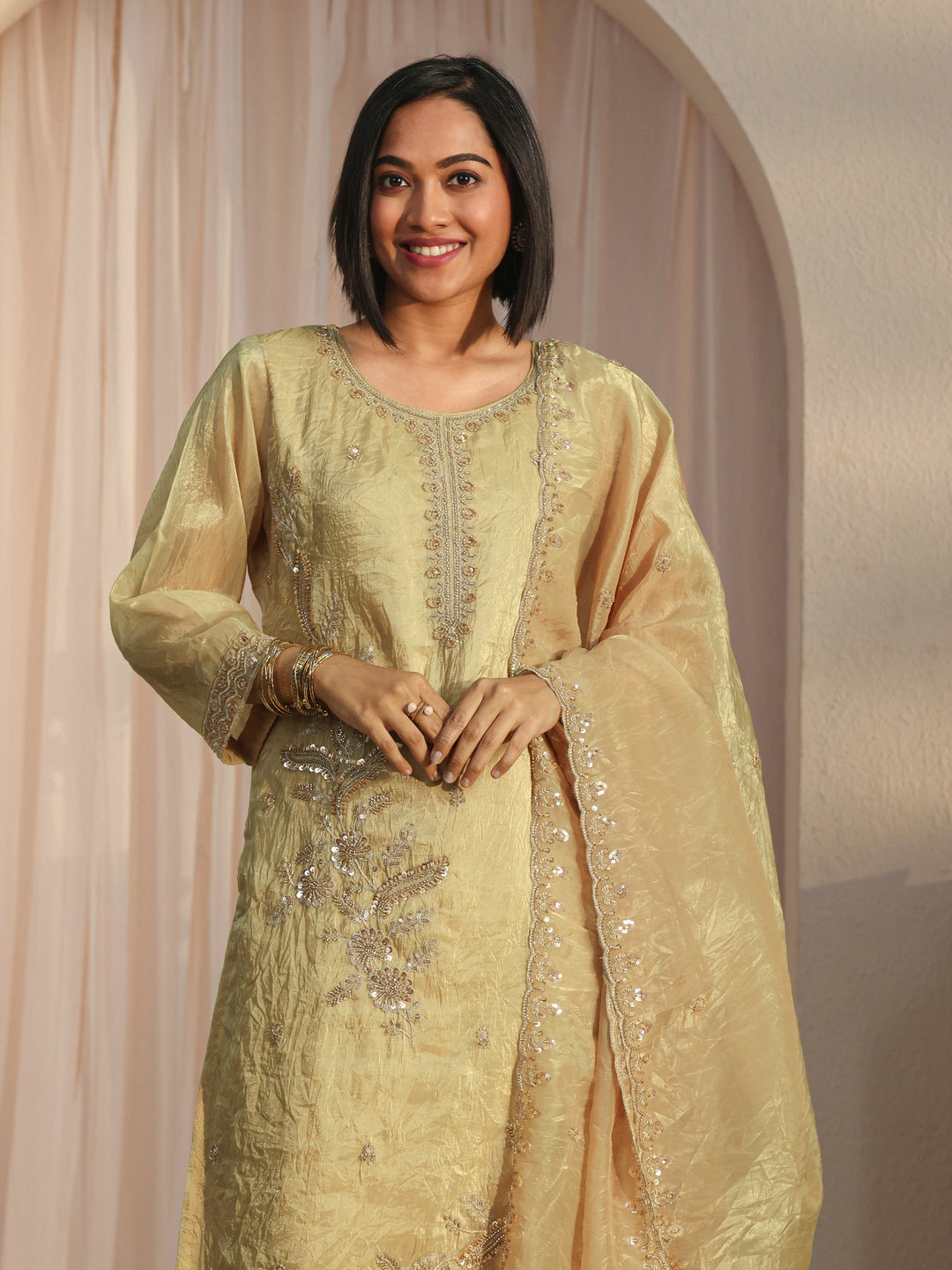  Libas Yellow Floral Embroidered Organza Farshi Salwar Suit 